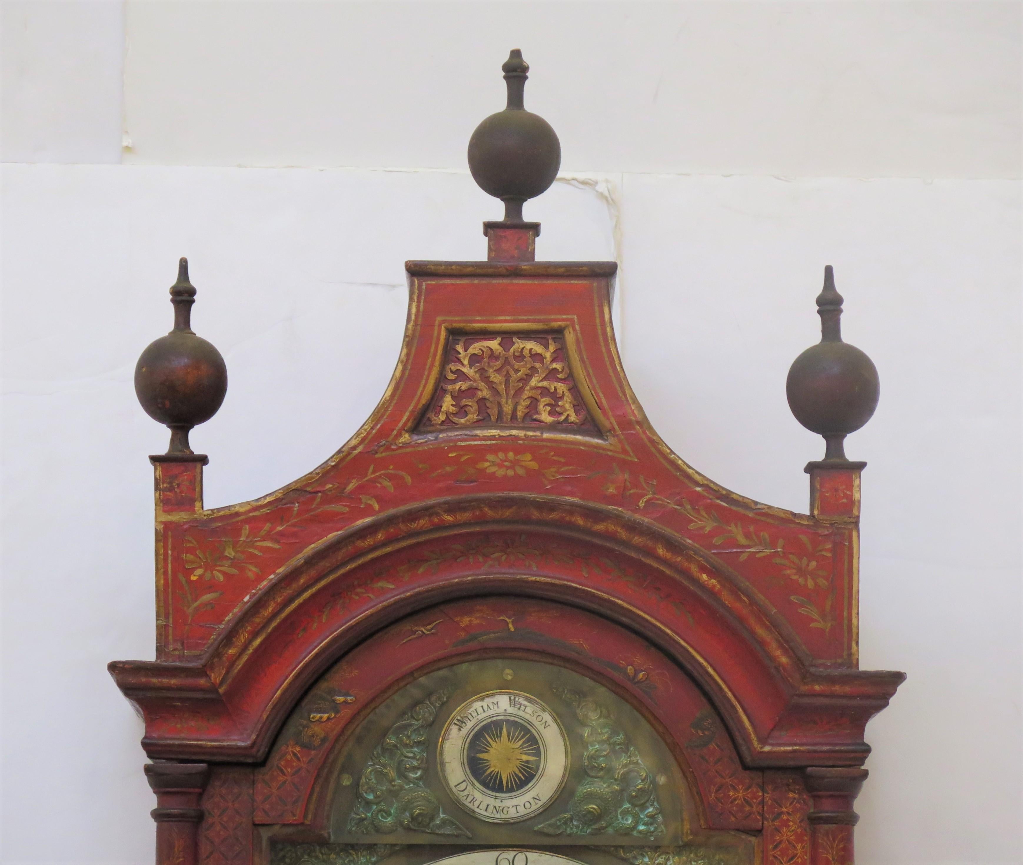 Georgian Longcase Clock with Red Chinoiserie Decoration In Good Condition For Sale In Dallas, TX