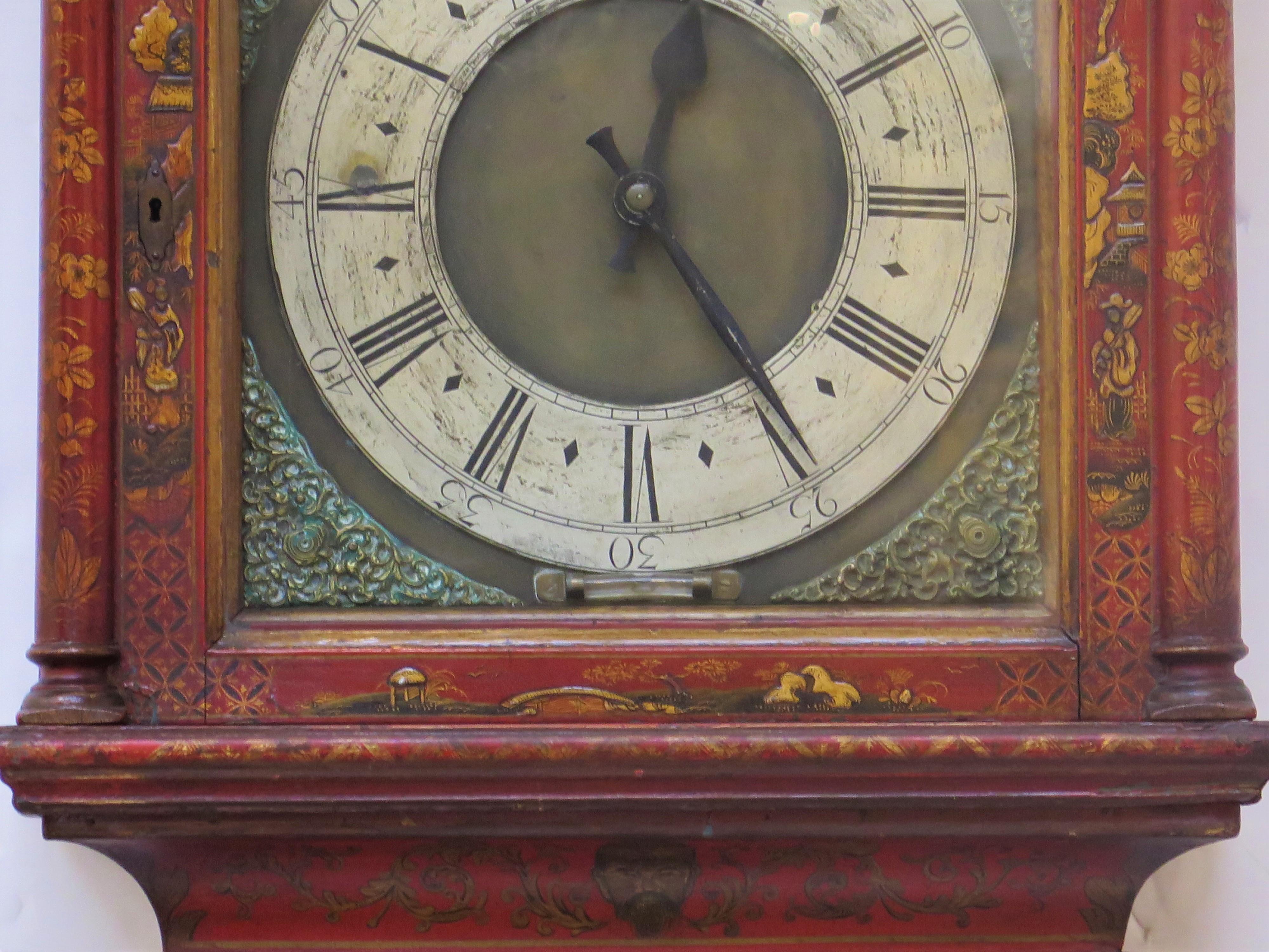 18th Century and Earlier Georgian Longcase Clock with Red Chinoiserie Decoration For Sale