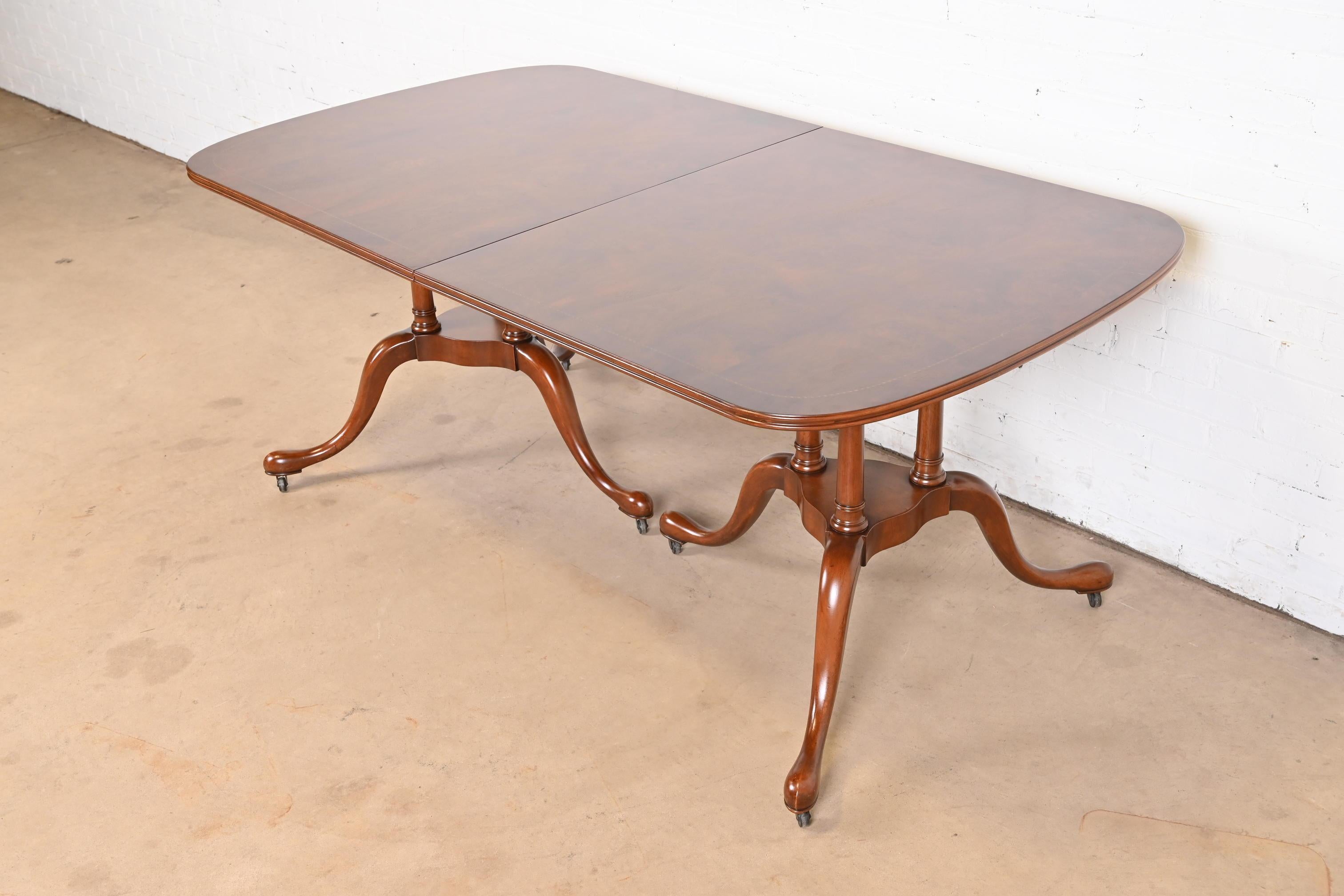 Georgian Mahogany and Burlwood Double Pedestal Dining Table by Irwin, Refinished For Sale 5