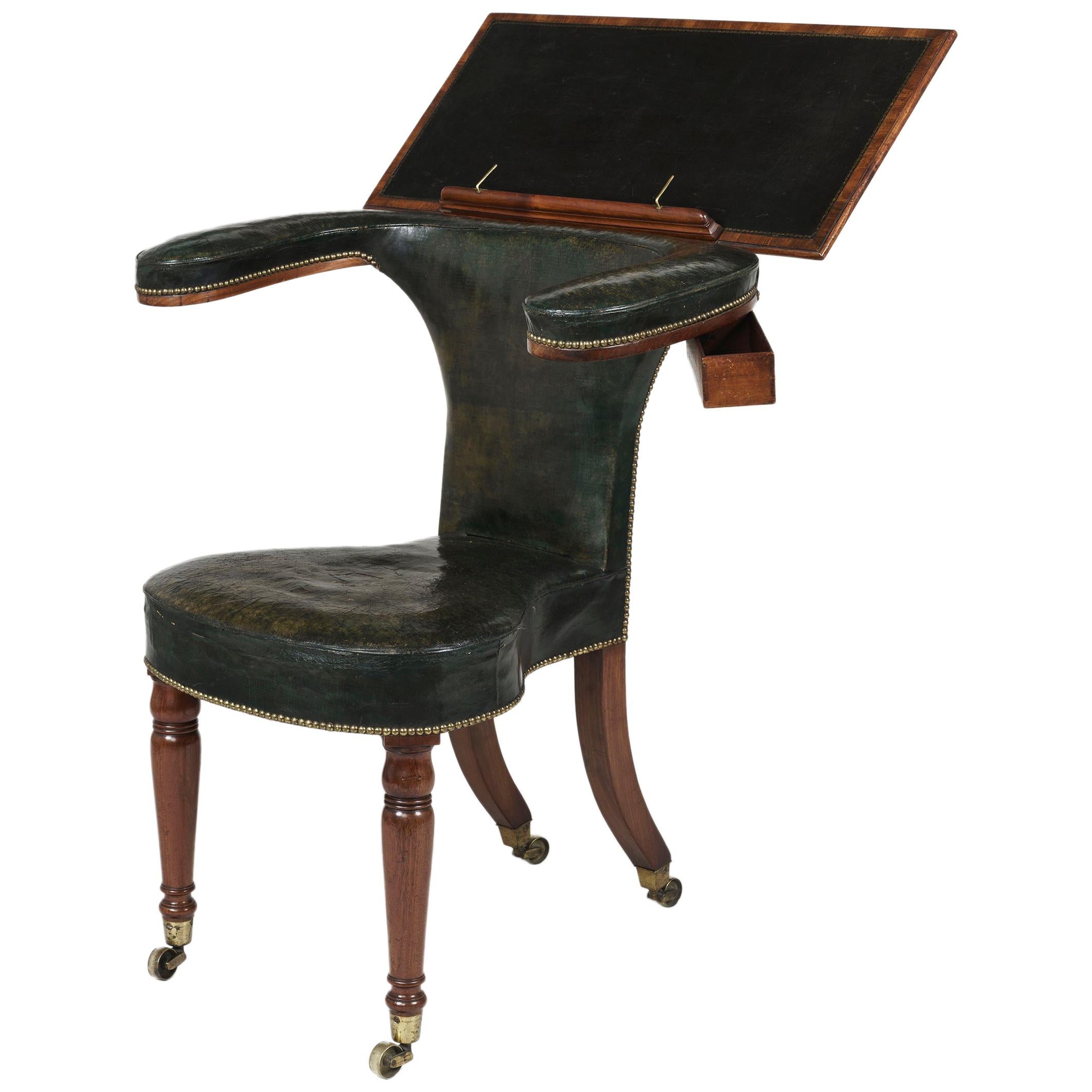Georgian Mahogany and Green Leather Library Reading Chair