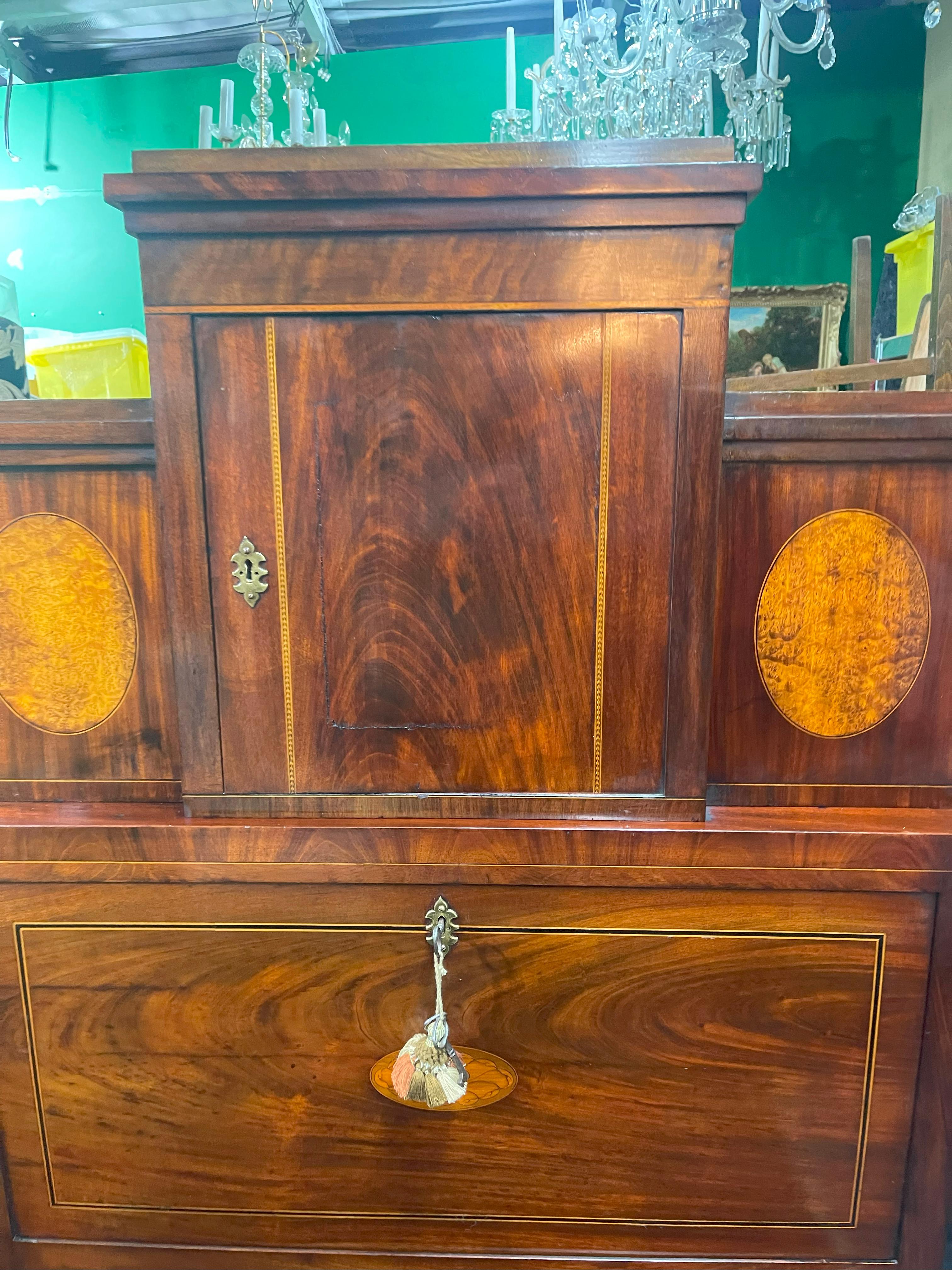 British Georgian Mahogany and Satinwood Inlaid Secretaire Chest, England circa 1800 For Sale