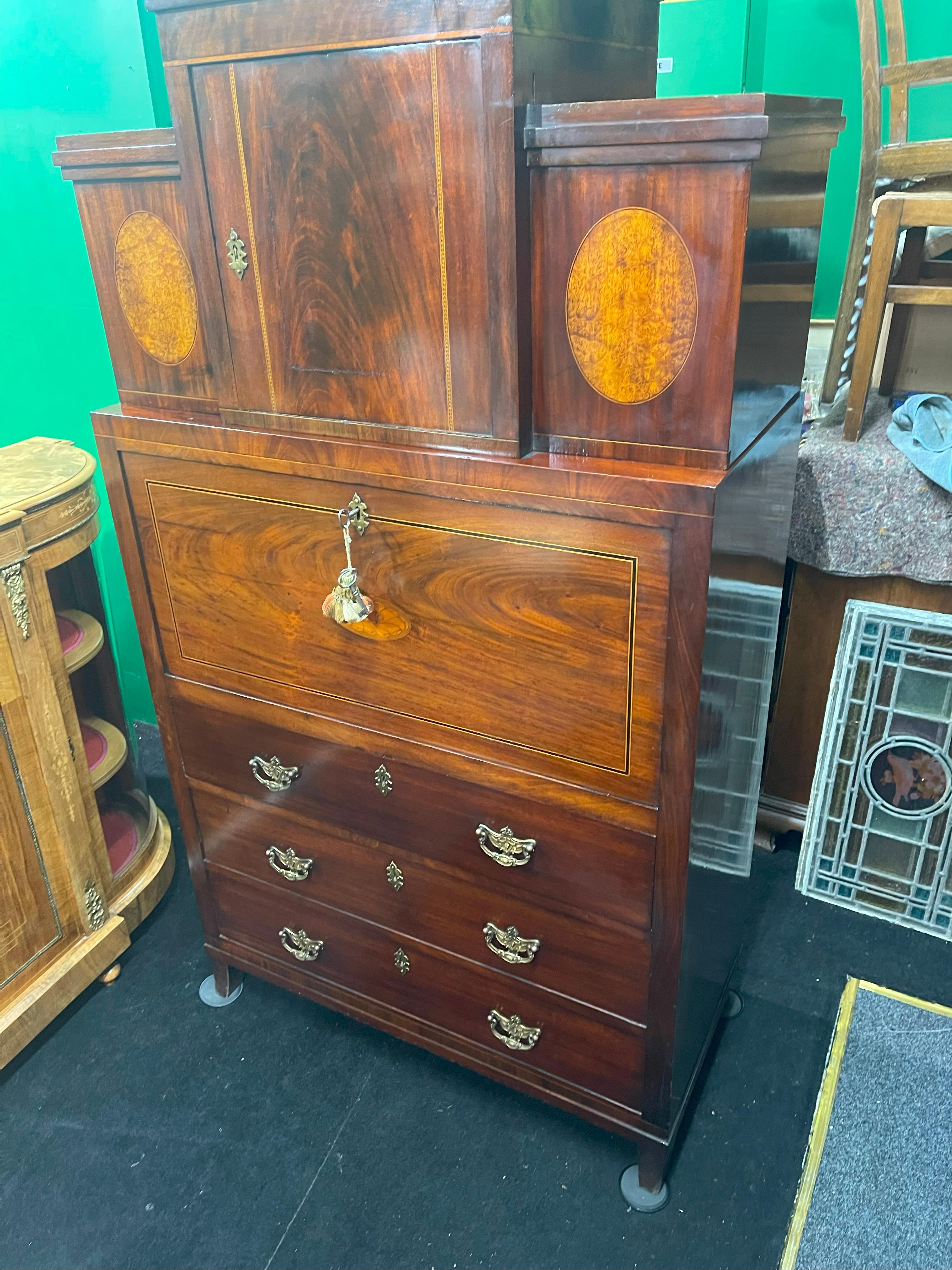 Inlay Georgian Mahogany and Satinwood Inlaid Secretaire Chest, England circa 1800 For Sale