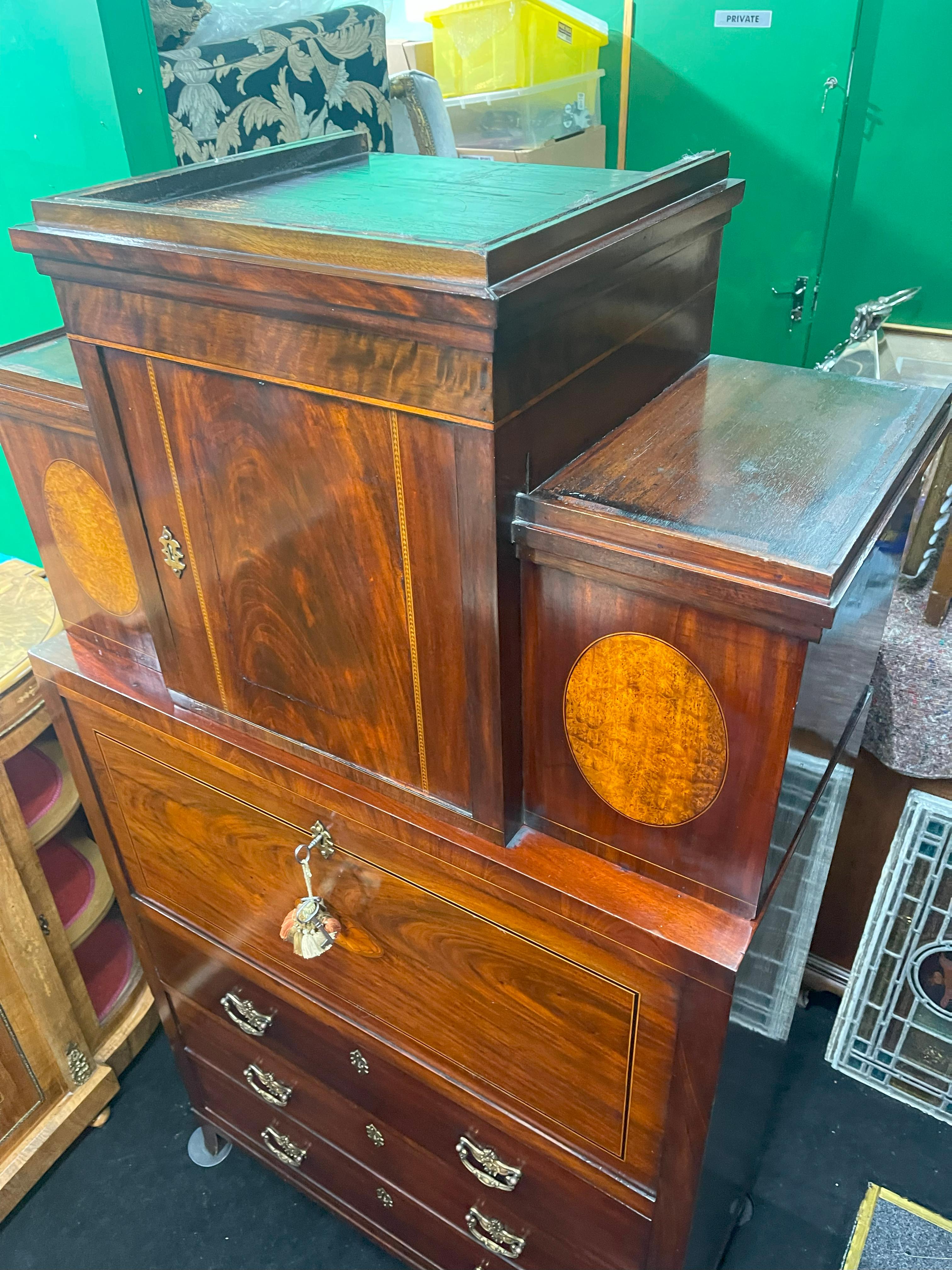 Georgian Mahogany and Satinwood Inlaid Secretaire Chest, England circa 1800 In Good Condition For Sale In Worcester, GB