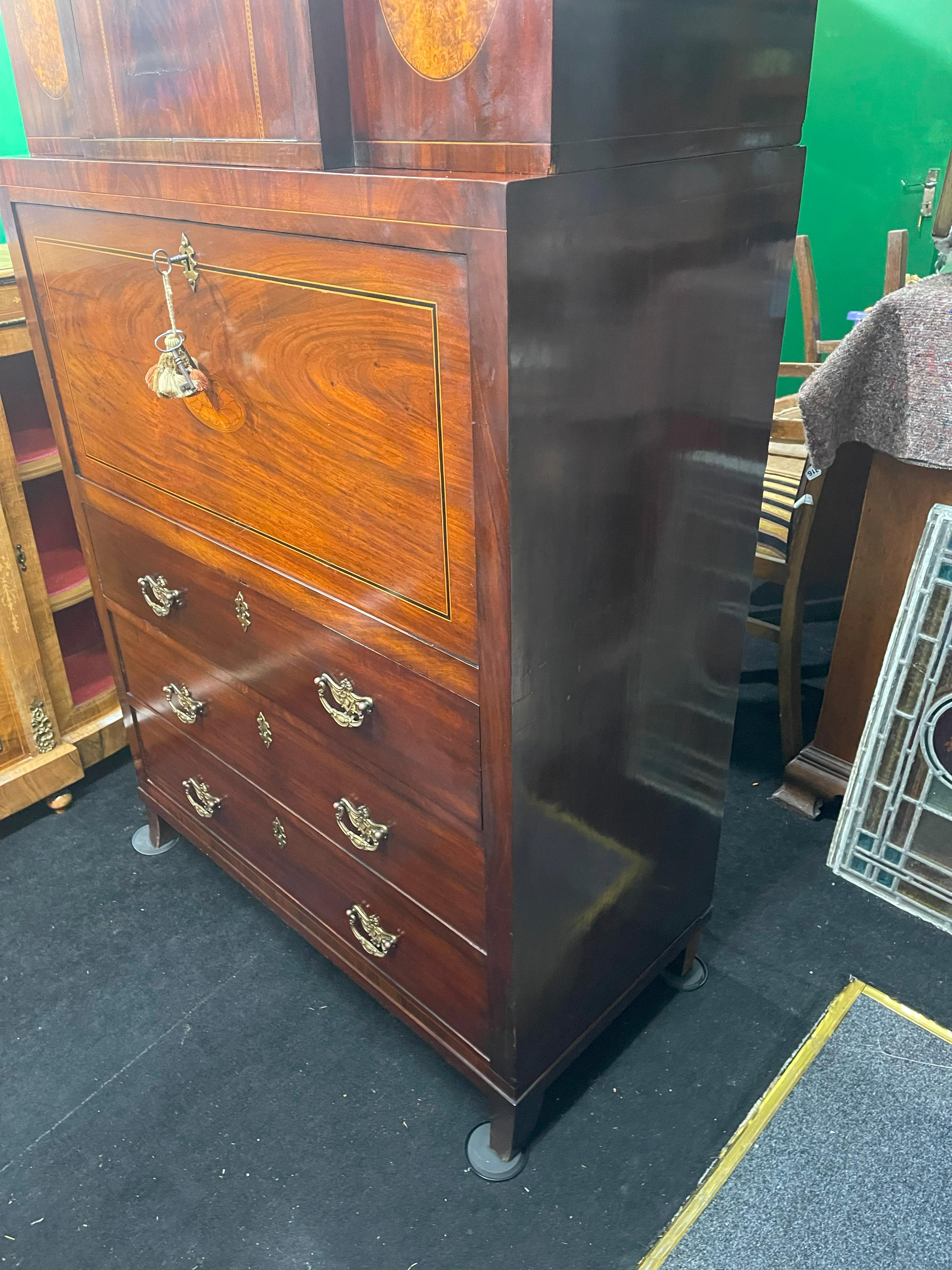 19th Century Georgian Mahogany and Satinwood Inlaid Secretaire Chest, England circa 1800 For Sale