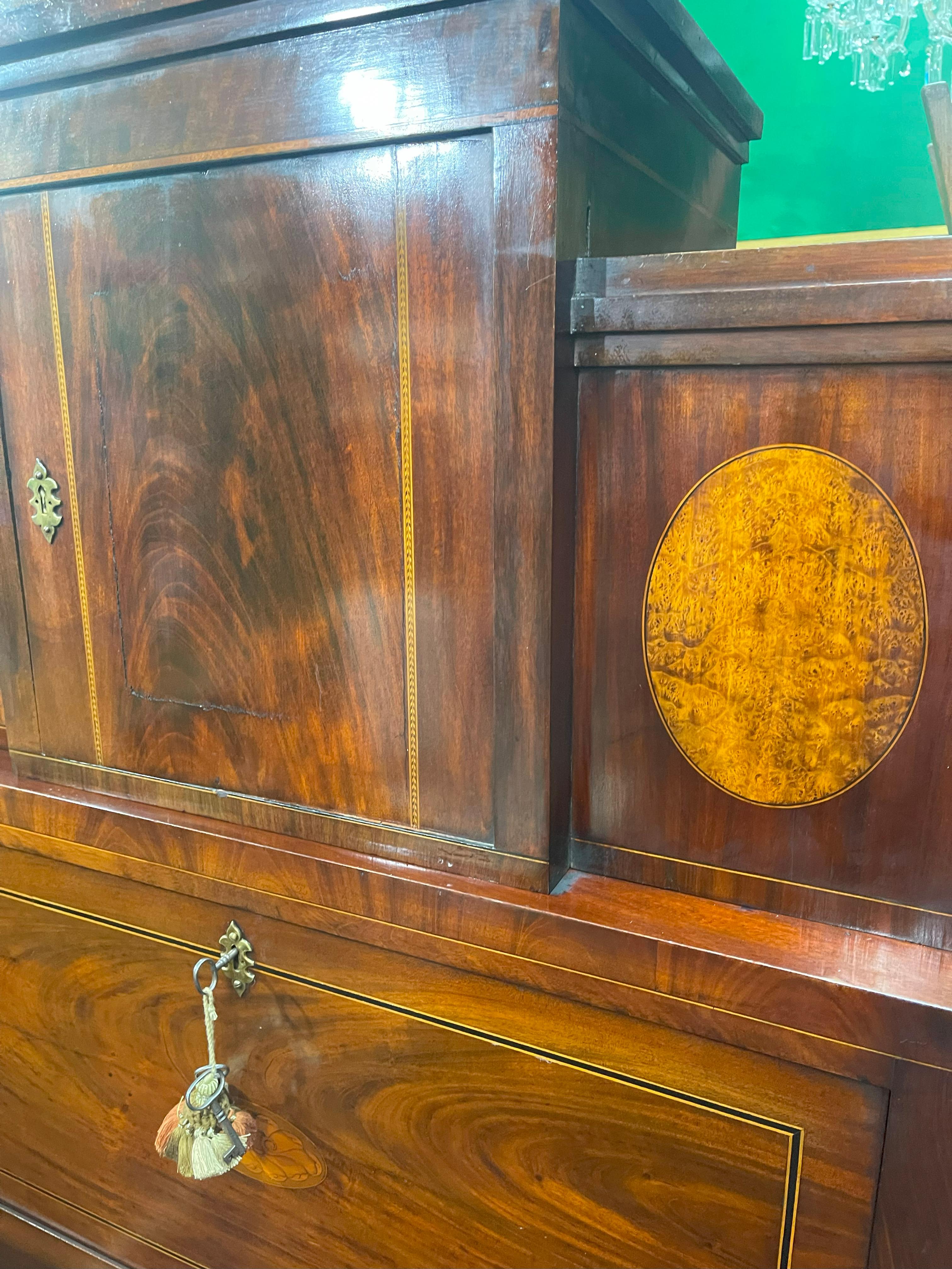 Georgian Mahogany and Satinwood Inlaid Secretaire Chest, England circa 1800 For Sale 1