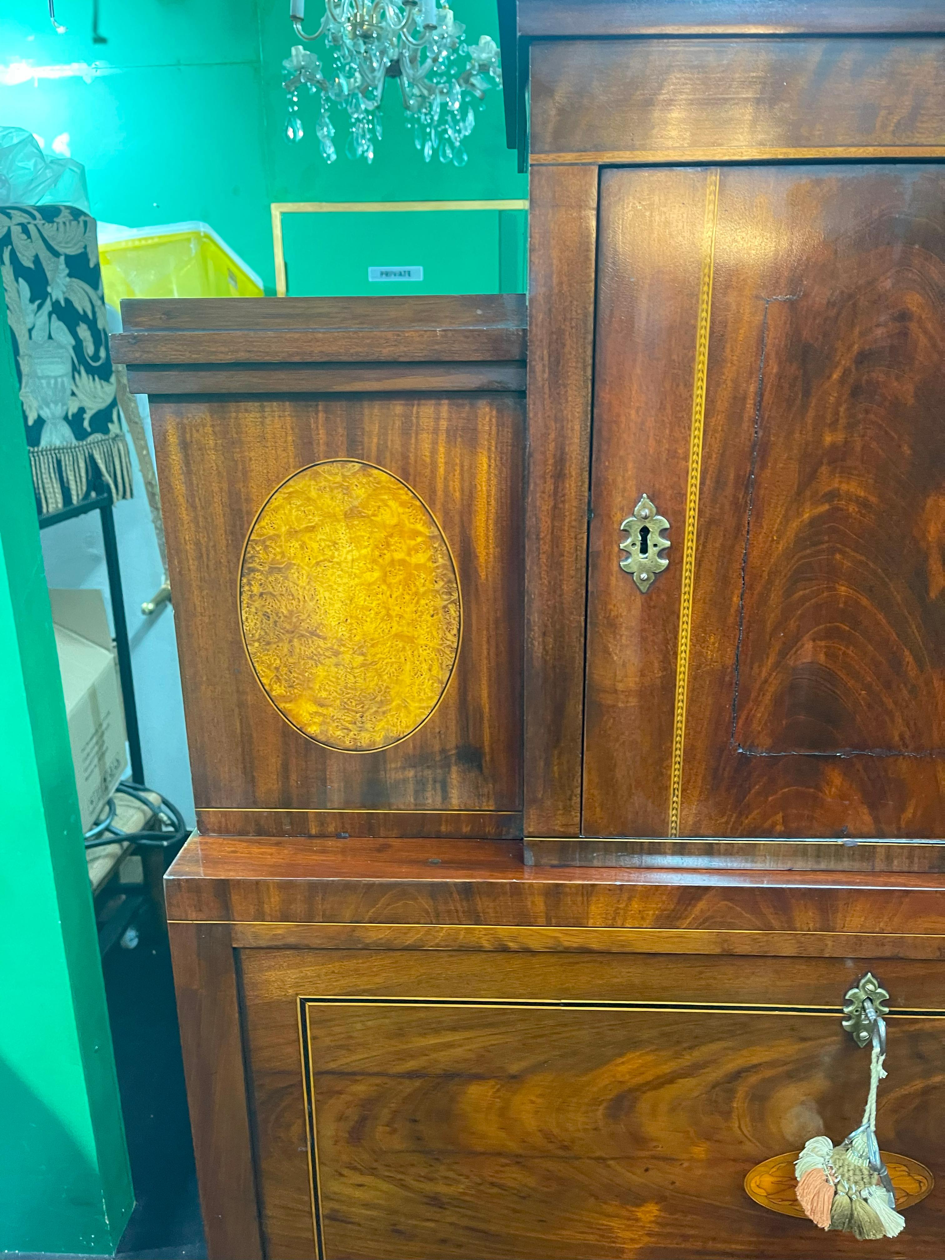 Georgian Mahogany and Satinwood Inlaid Secretaire Chest, England circa 1800 For Sale 3