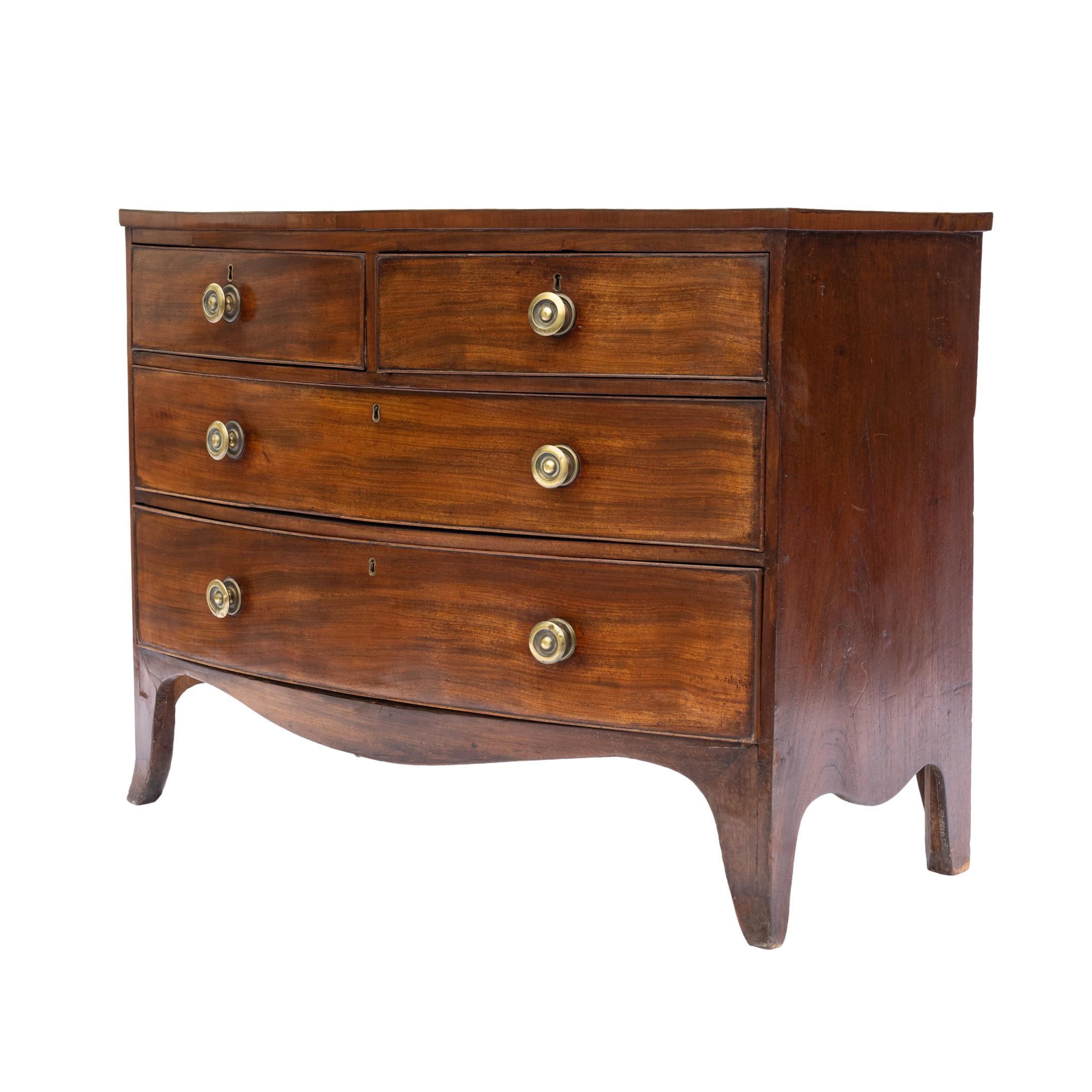 George III Georgian Mahogany Bow-Front Chest of Drawers with Satinwood Inlay, ca. 1820