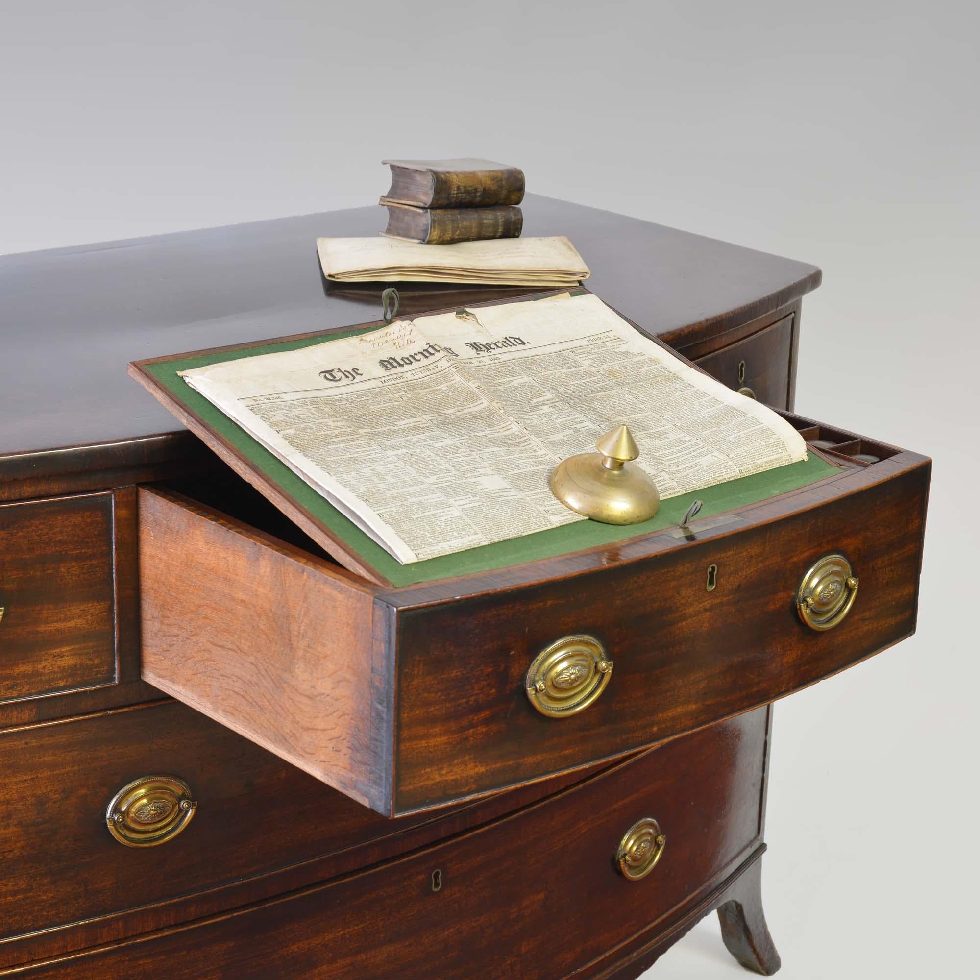 Georgian mahogany bowfront commode chest of drawers with writing slide For Sale 3