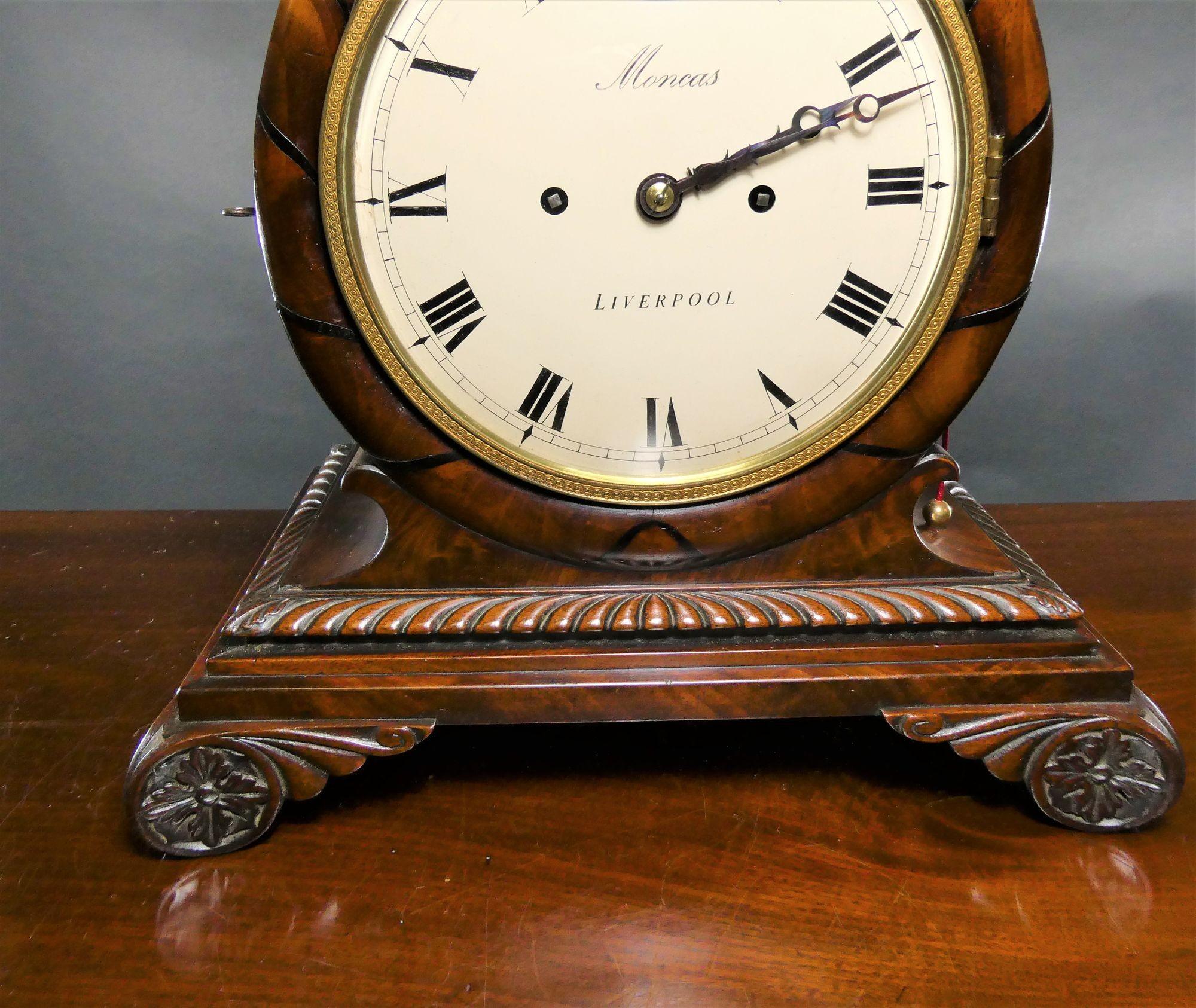 Georgian Mahogany Bracket Clock by Moncas, Liverpool For Sale 6