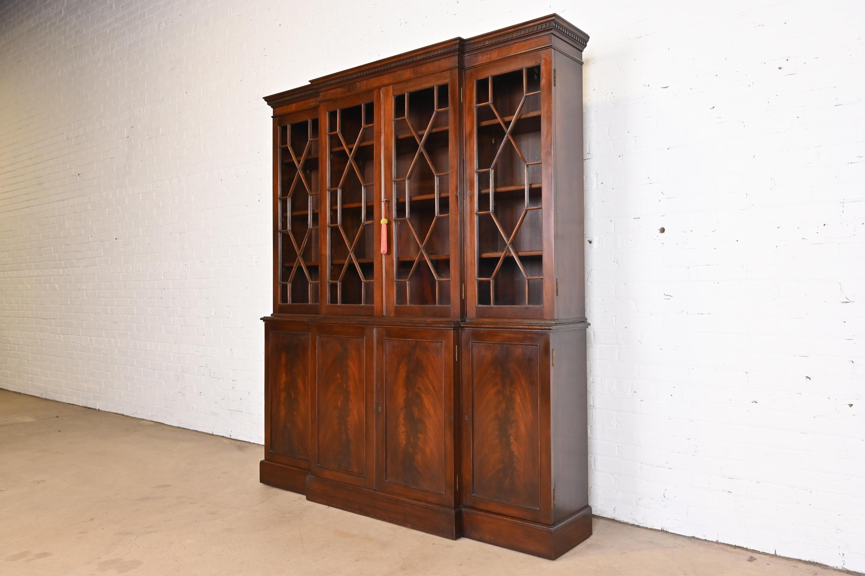American Georgian Mahogany Breakfront Bookcase Cabinet in the Manner of Baker Furniture