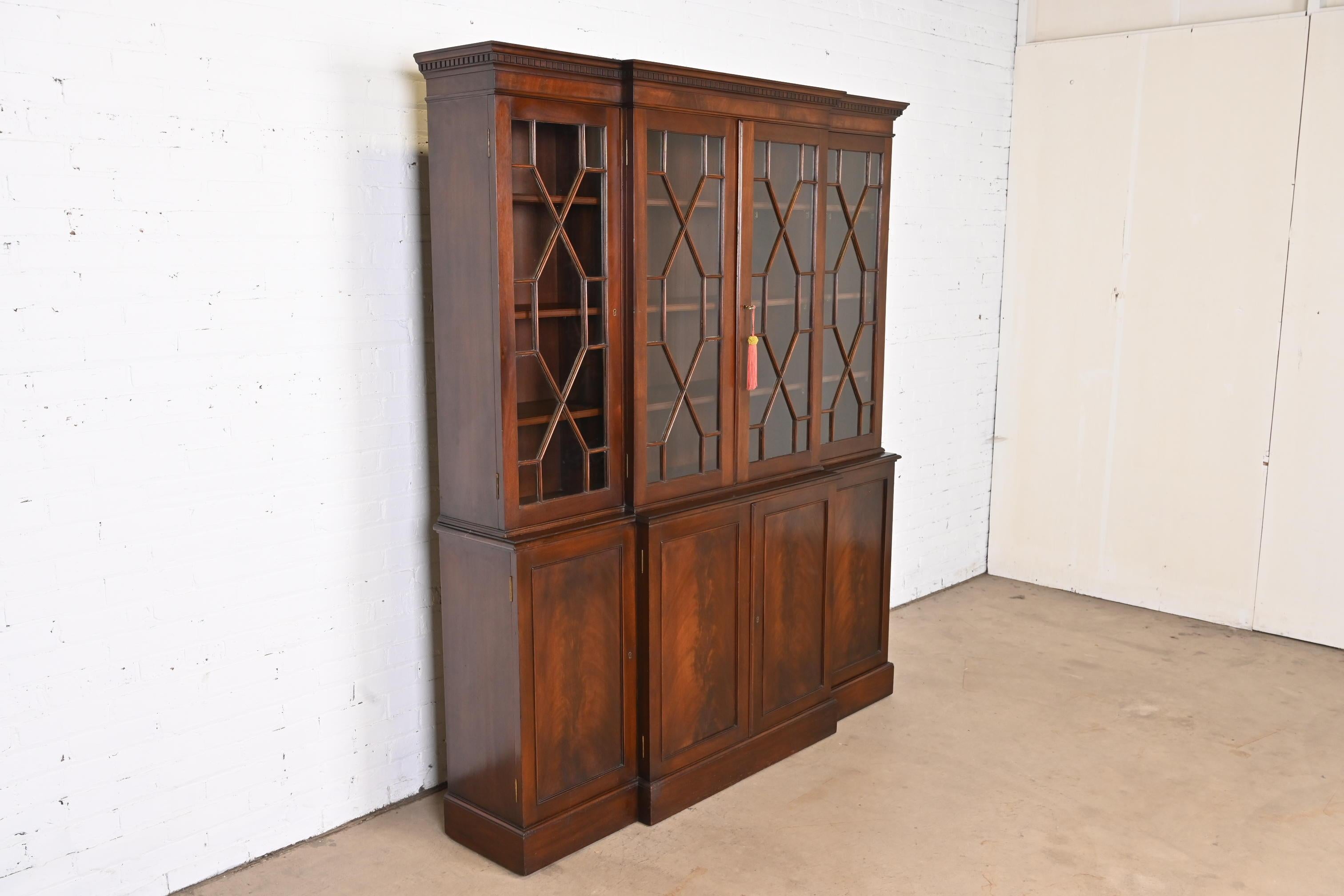 Glass Georgian Mahogany Breakfront Bookcase Cabinet in the Manner of Baker Furniture