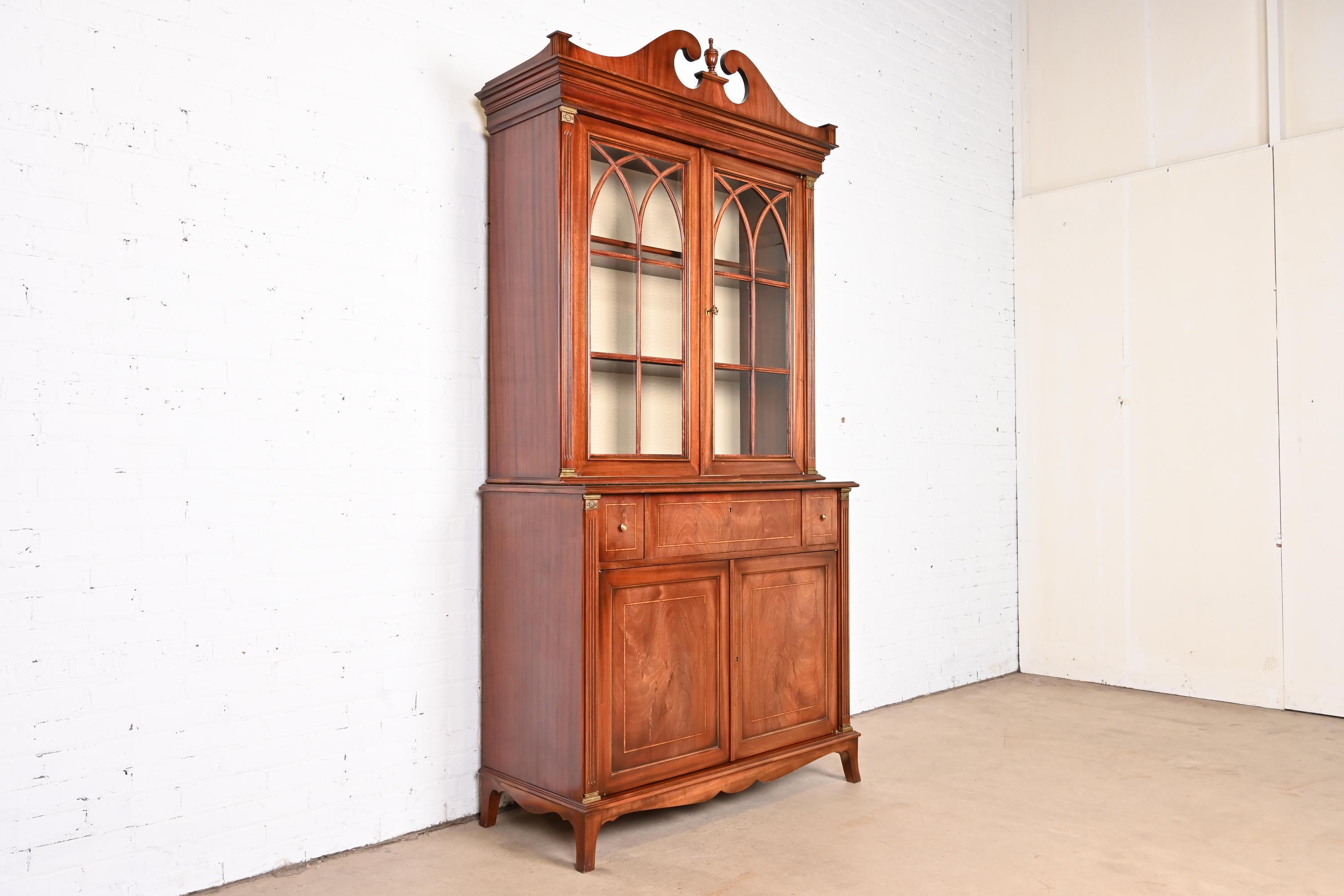 Georgian Mahogany Breakfront Bookcase Cabinet with Drop Front Secretary Desk In Good Condition In South Bend, IN