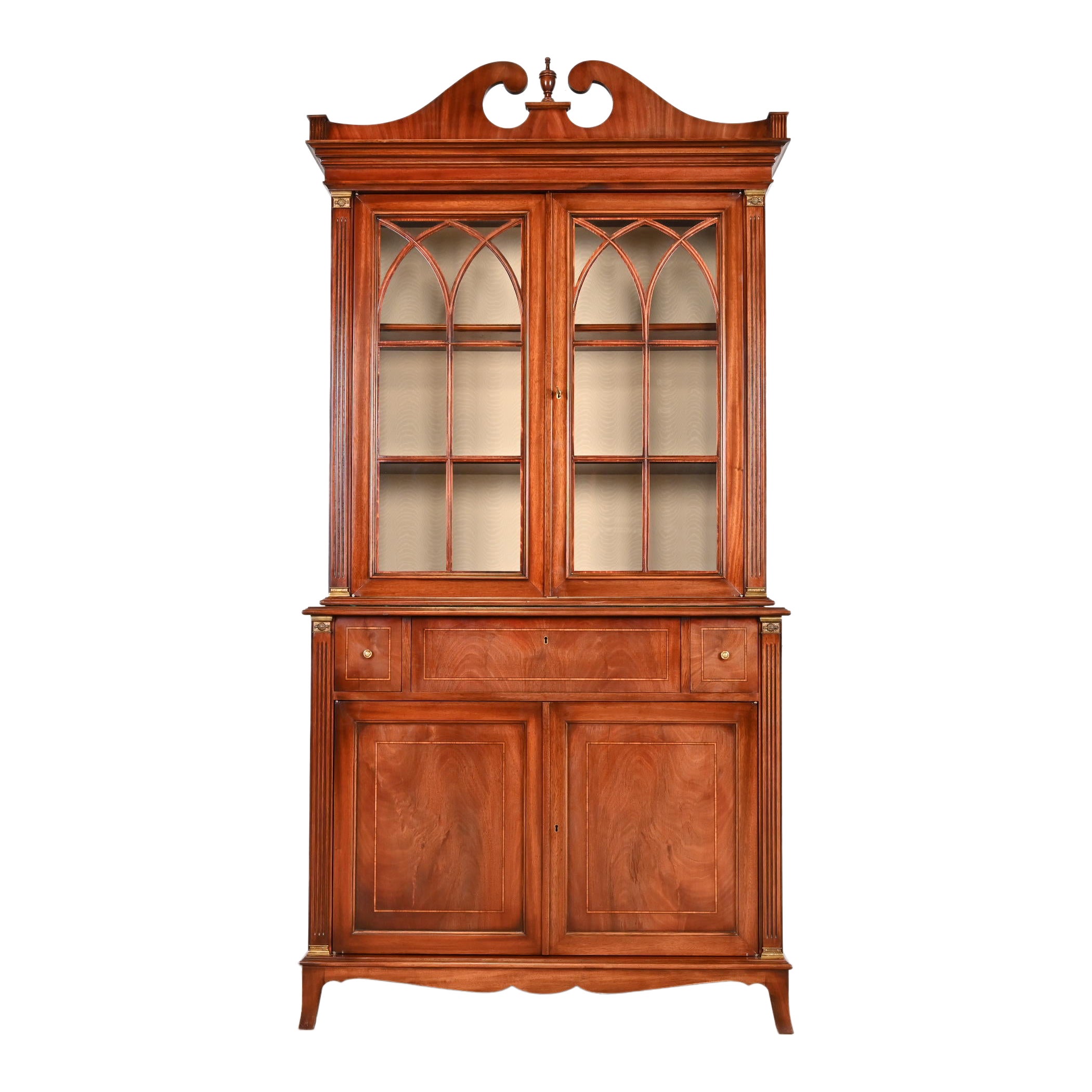 Georgian Mahogany Breakfront Bookcase Cabinet with Drop Front Secretary Desk