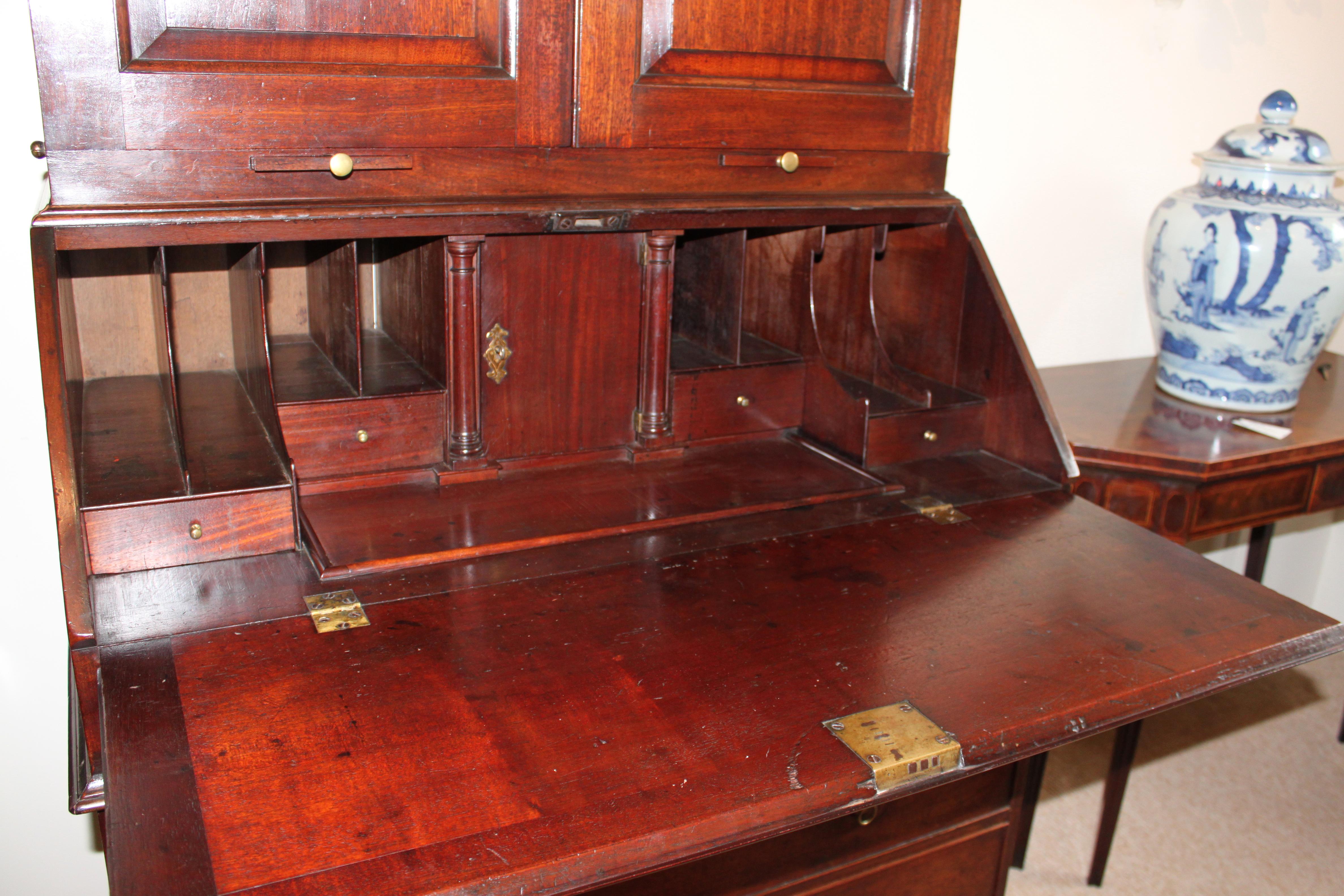 English Georgian Mahogany Bureau Bookcase with Swan Neck Pediment Circa 1740 For Sale