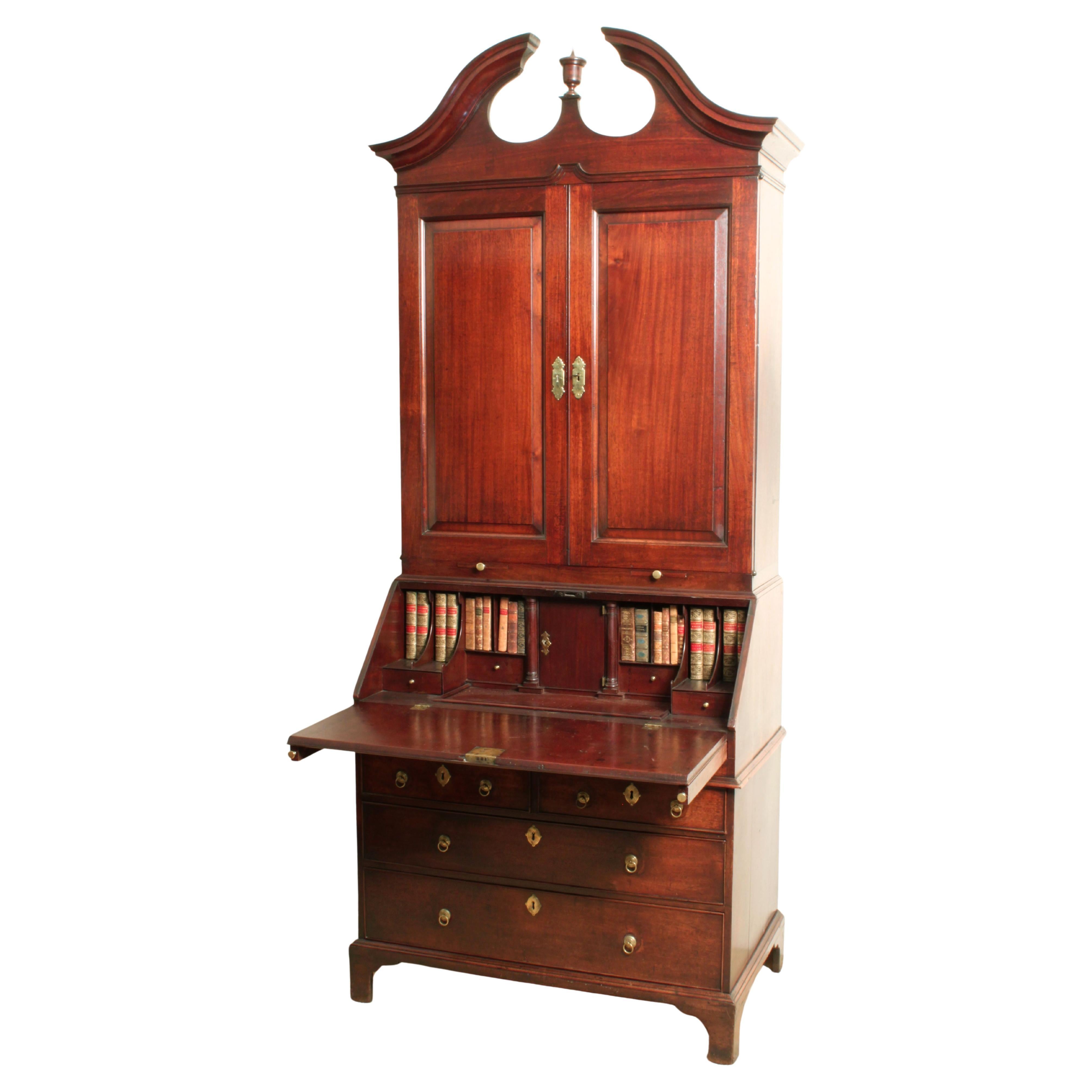 Georgian Mahogany Bureau Bookcase with Swan Neck Pediment Circa 1740
