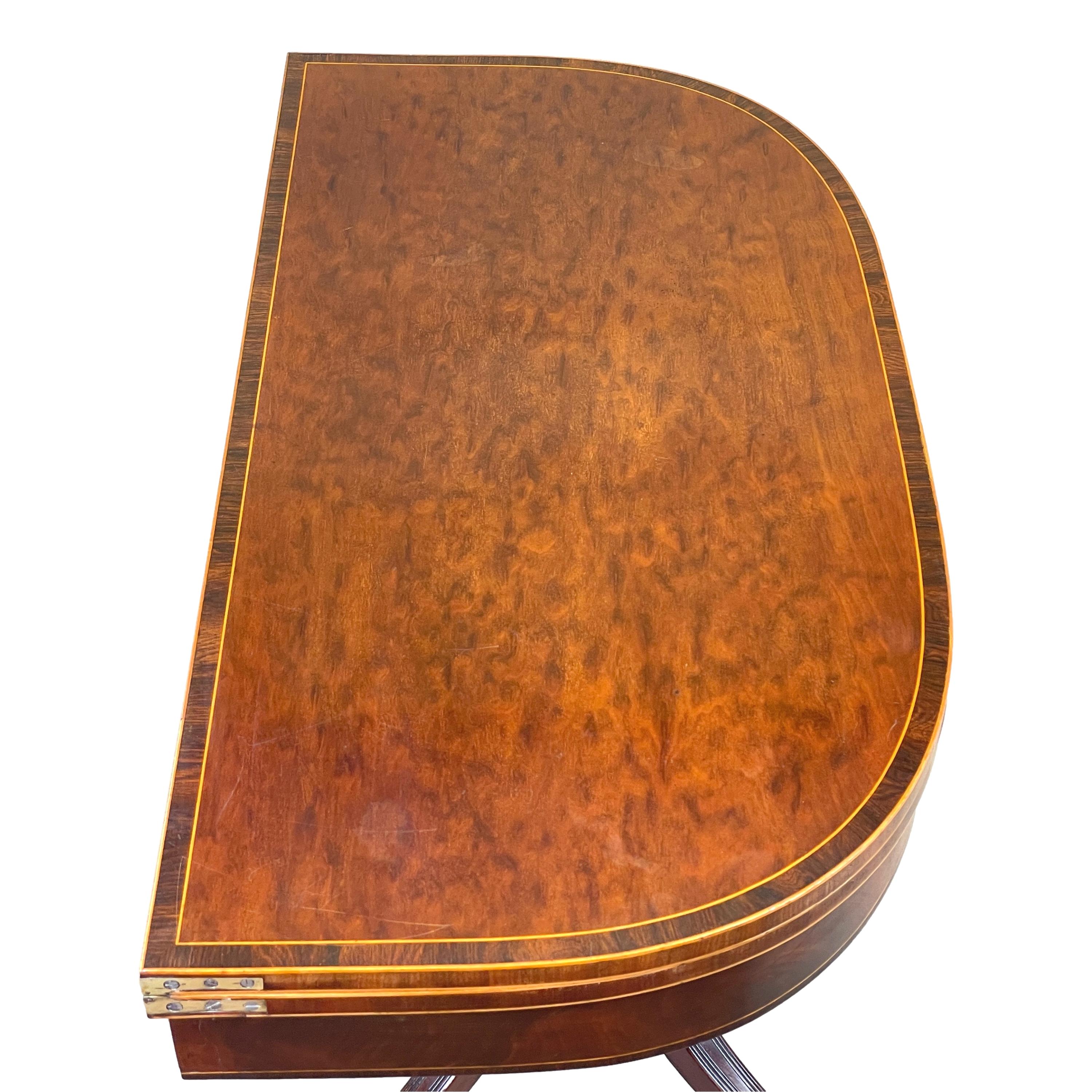 A Very Good Quality Late 18th Century mahogany, Semi-Elliptical Shaped, Card Table Having Well Figured Fold Over, Swivel Top, Enclosing Baized Interior Over Reverse Tapered, Faceted Central Column, Terminating On Four Elegant Splayed Legs With