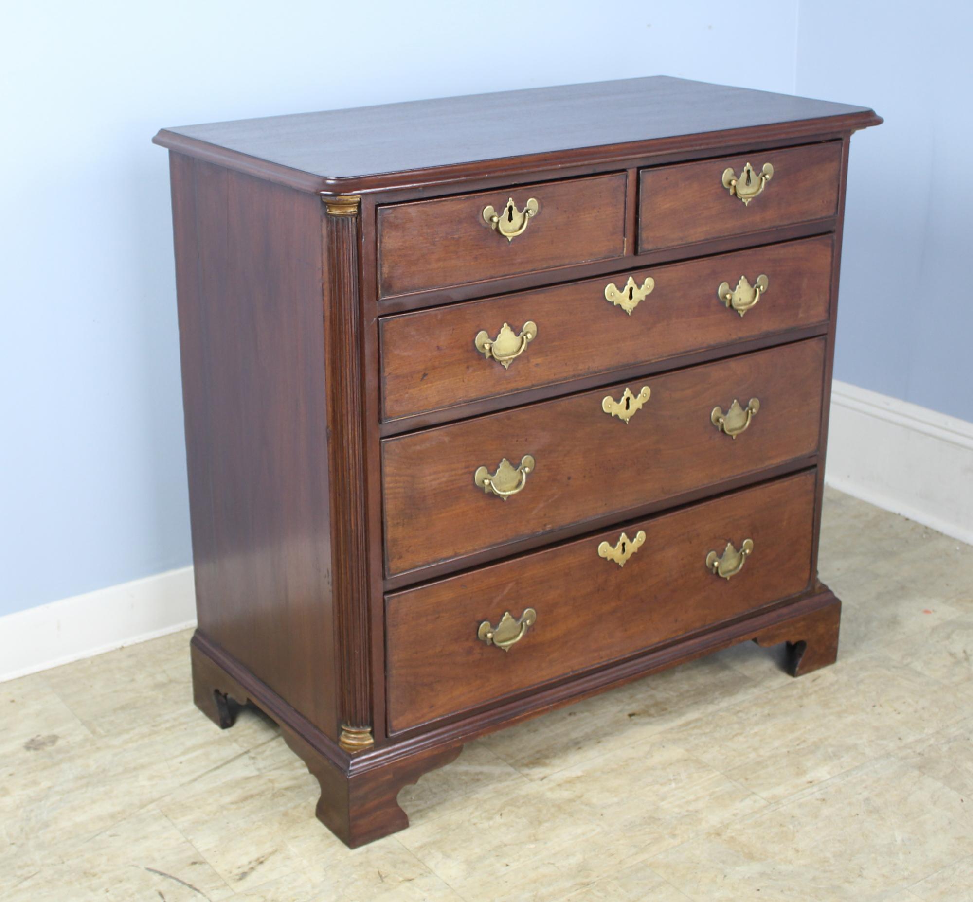 English Georgian Mahogany Chest of Drawers, Quarter Columns and Brass Capitals