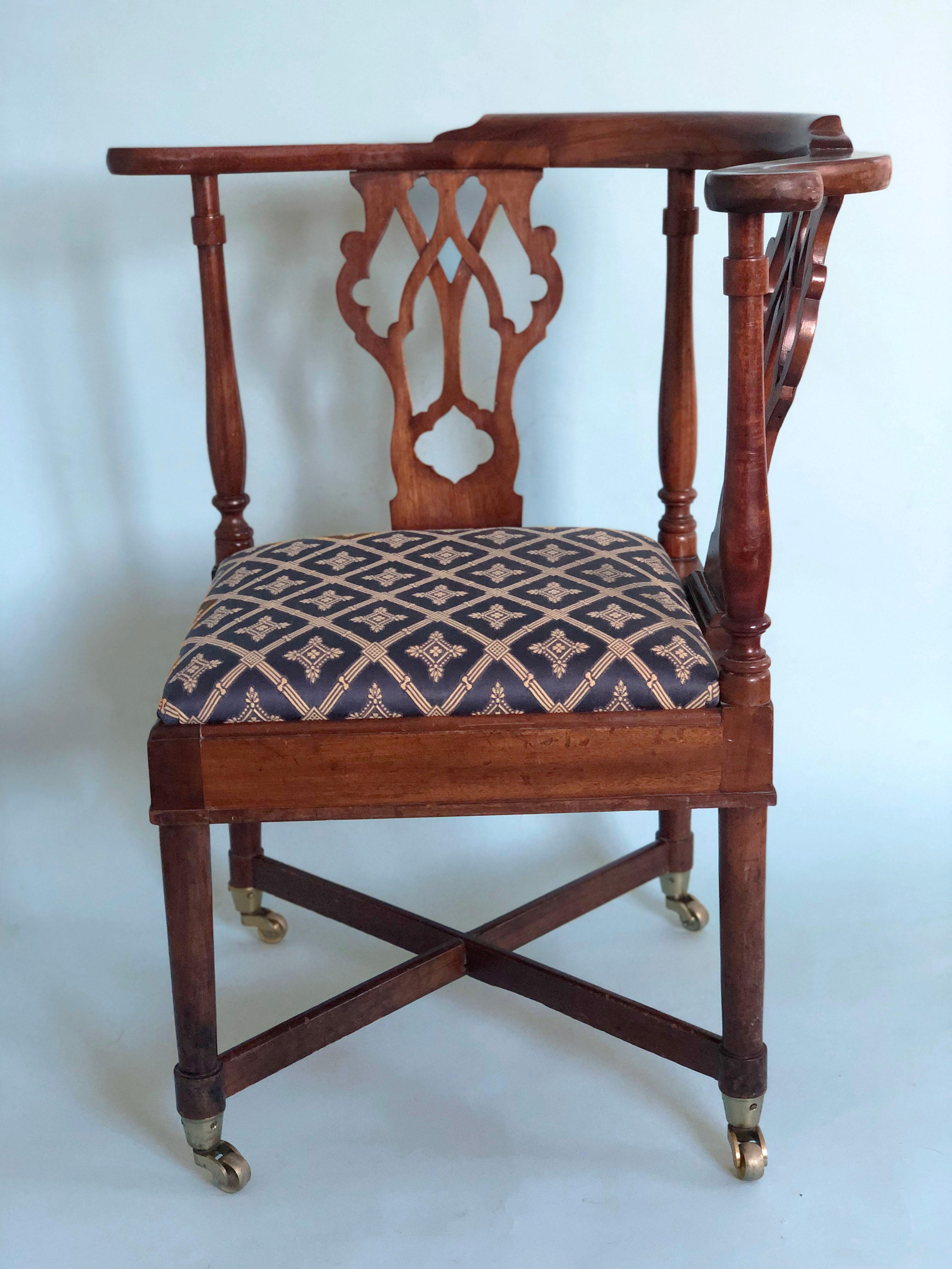 Fabric Georgian Mahogany Corner Chair on Wheels 19th Century For Sale