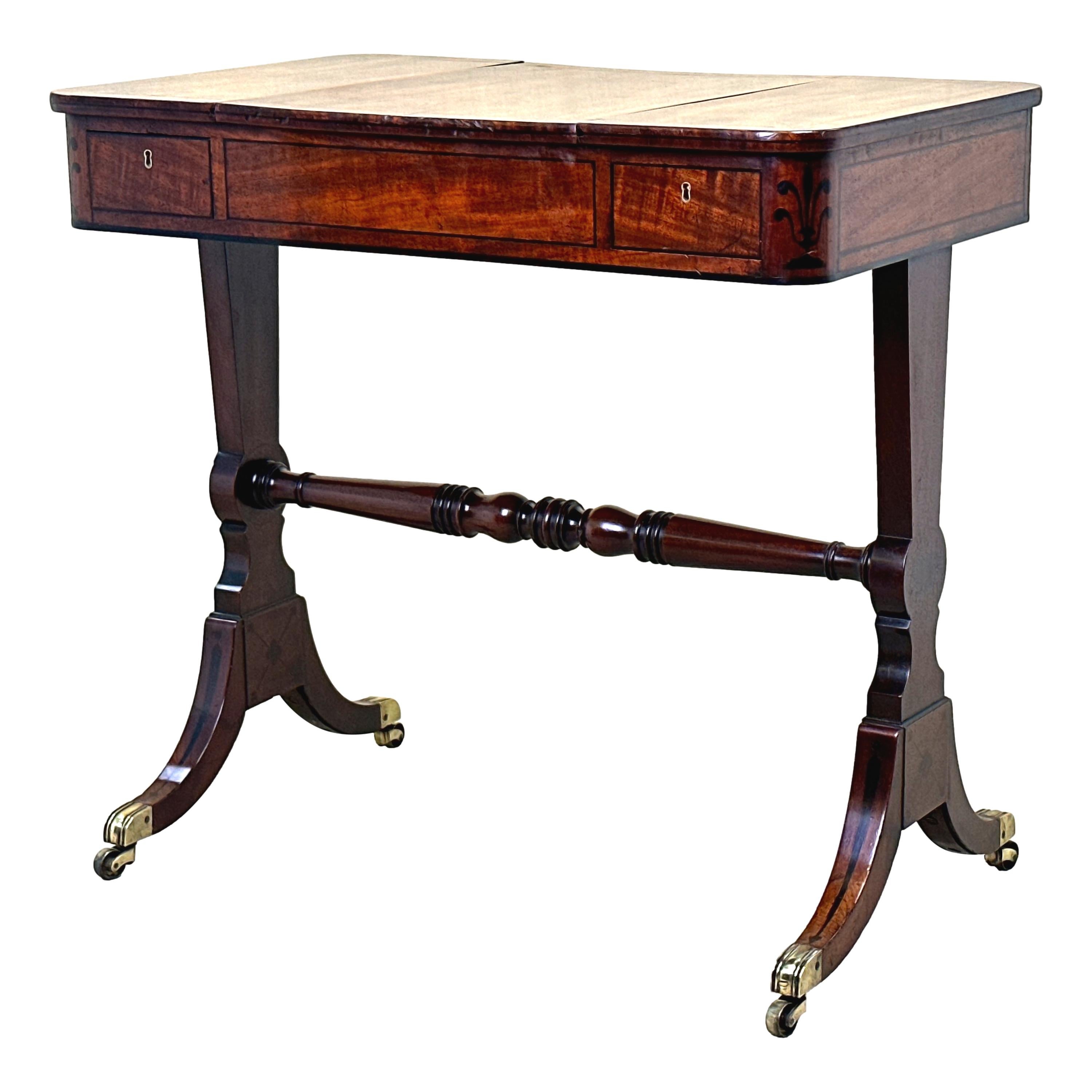An Exceptionally Attractive George III Period Mahogany Games Table, Having Well Figured Top, The Reversible, Removable Central Slide Having Inlaid Chess Board To Back Enclosing Leather Backgammon Board Surface, Flanked By Two Frieze Drawers, Raised
