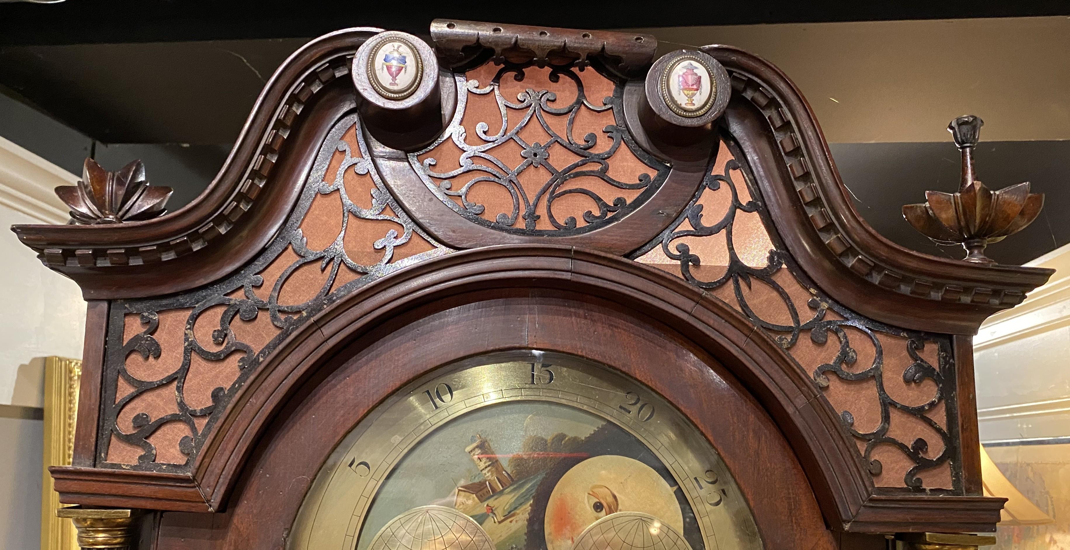English Georgian Mahogany Gothic Style Tall Case Clock with Moon Phase Dial For Sale