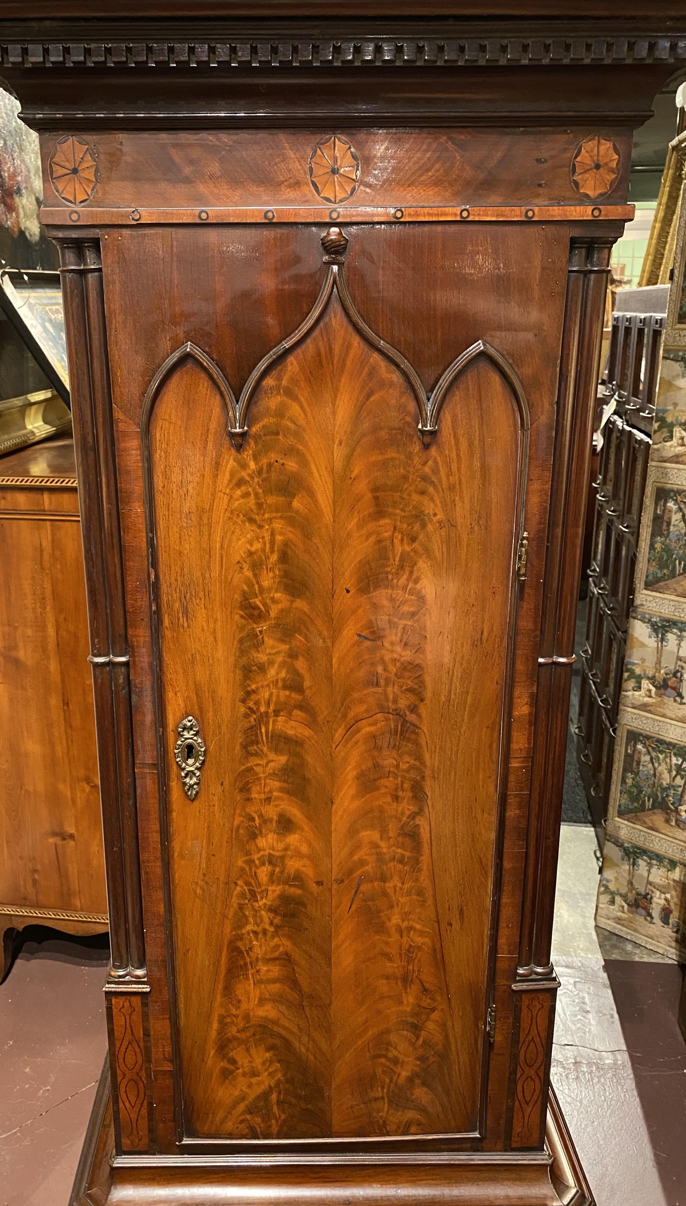 Polychromed Georgian Mahogany Gothic Style Tall Case Clock with Moon Phase Dial For Sale
