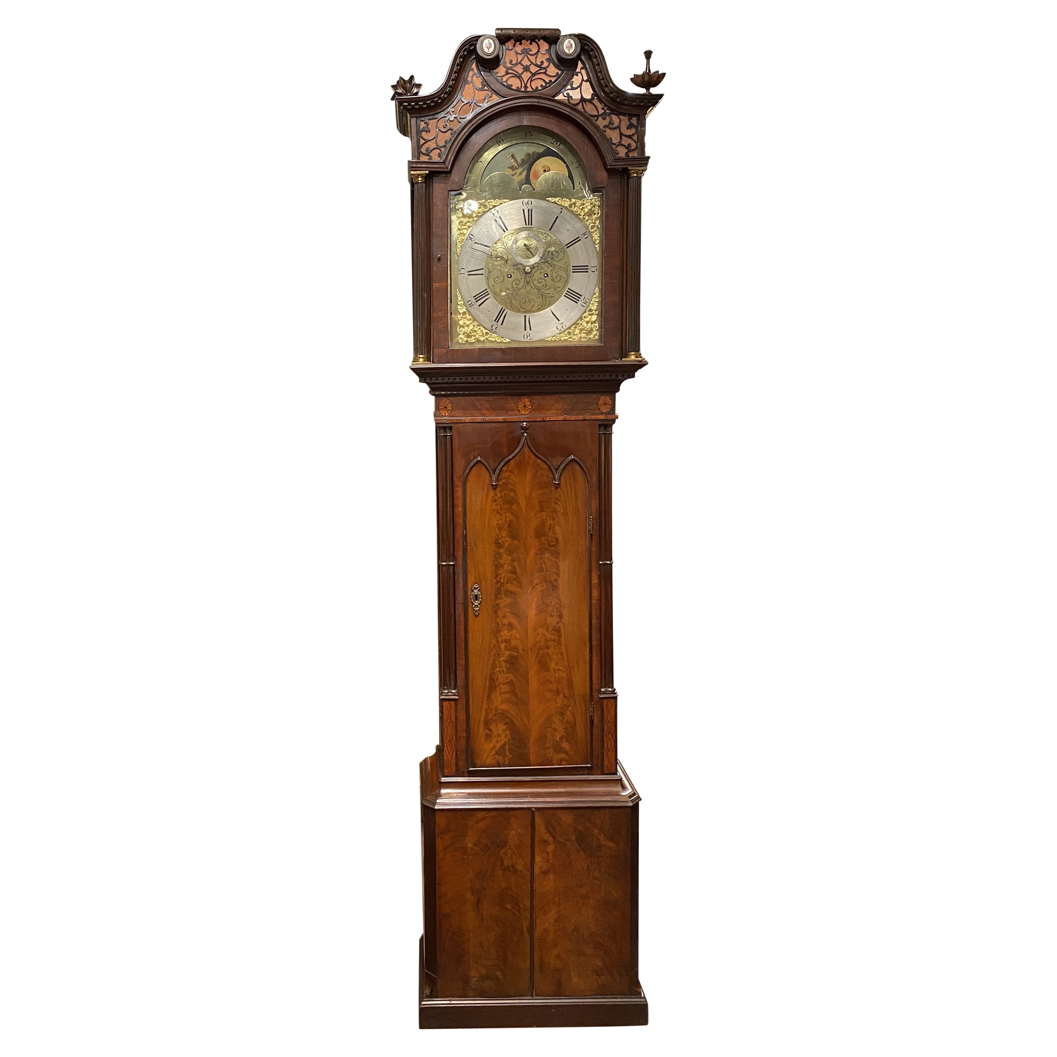 Georgian Mahogany Gothic Style Tall Case Clock with Moon Phase Dial