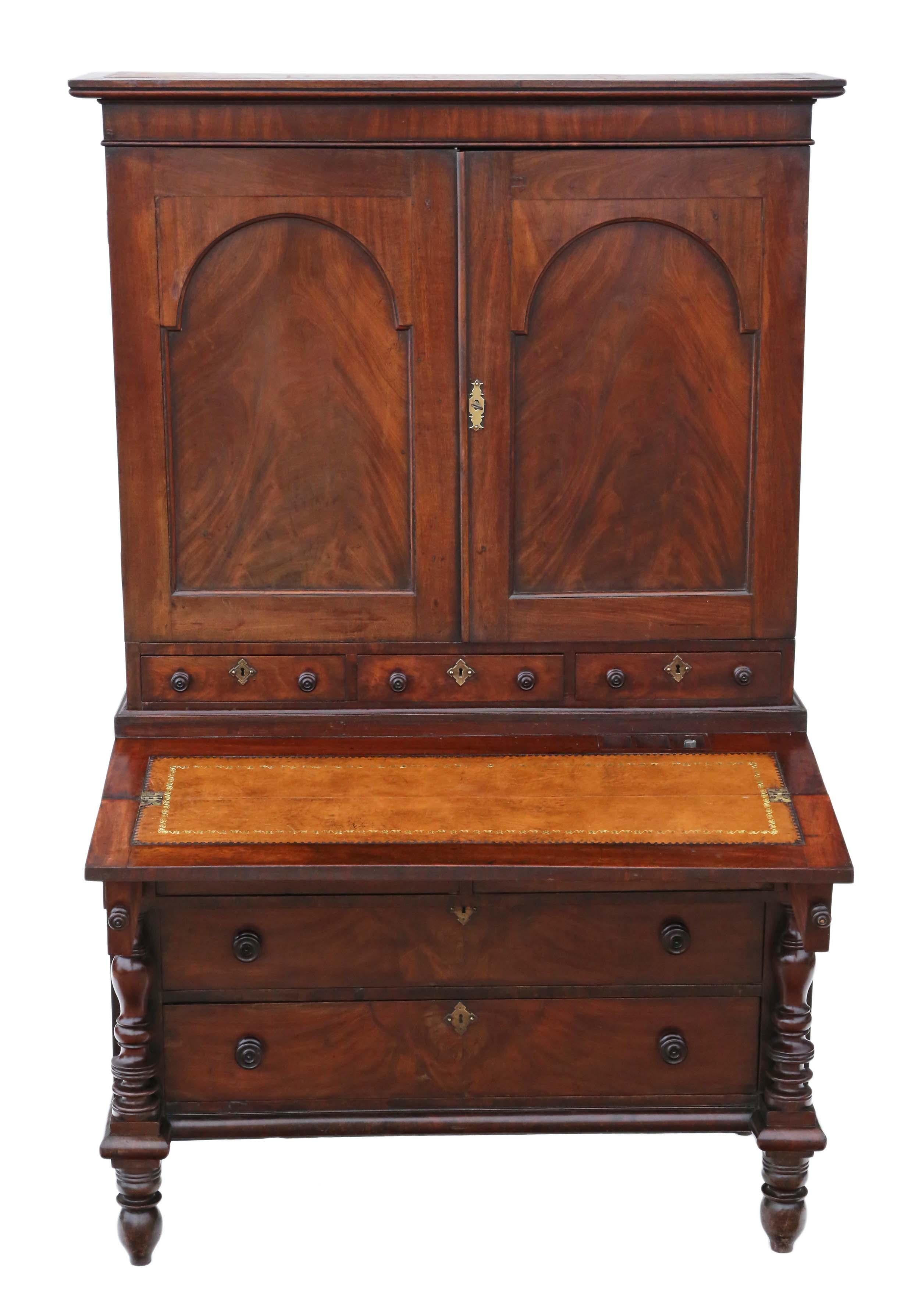 Georgian (George III, circa 1800) mahogany housekeeper's cupboard secretaire bookcase chest. Sometimes known as an estate cupboard. A wonderful rare quality period piece.
Solid and strong, with no loose joints. Full of age, character and