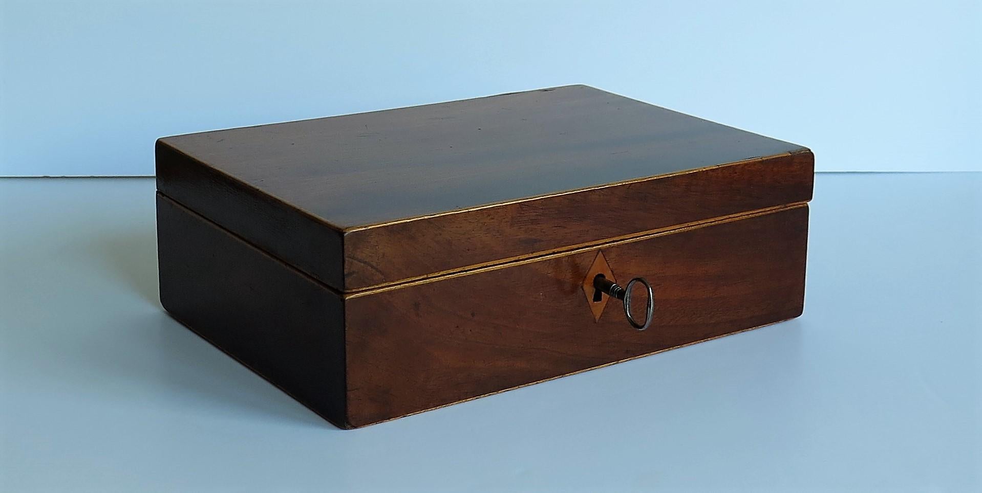 Hand-Crafted Georgian Mahogany Inlaid Box with Hinged Lid Lock and Key, English, circa 1800