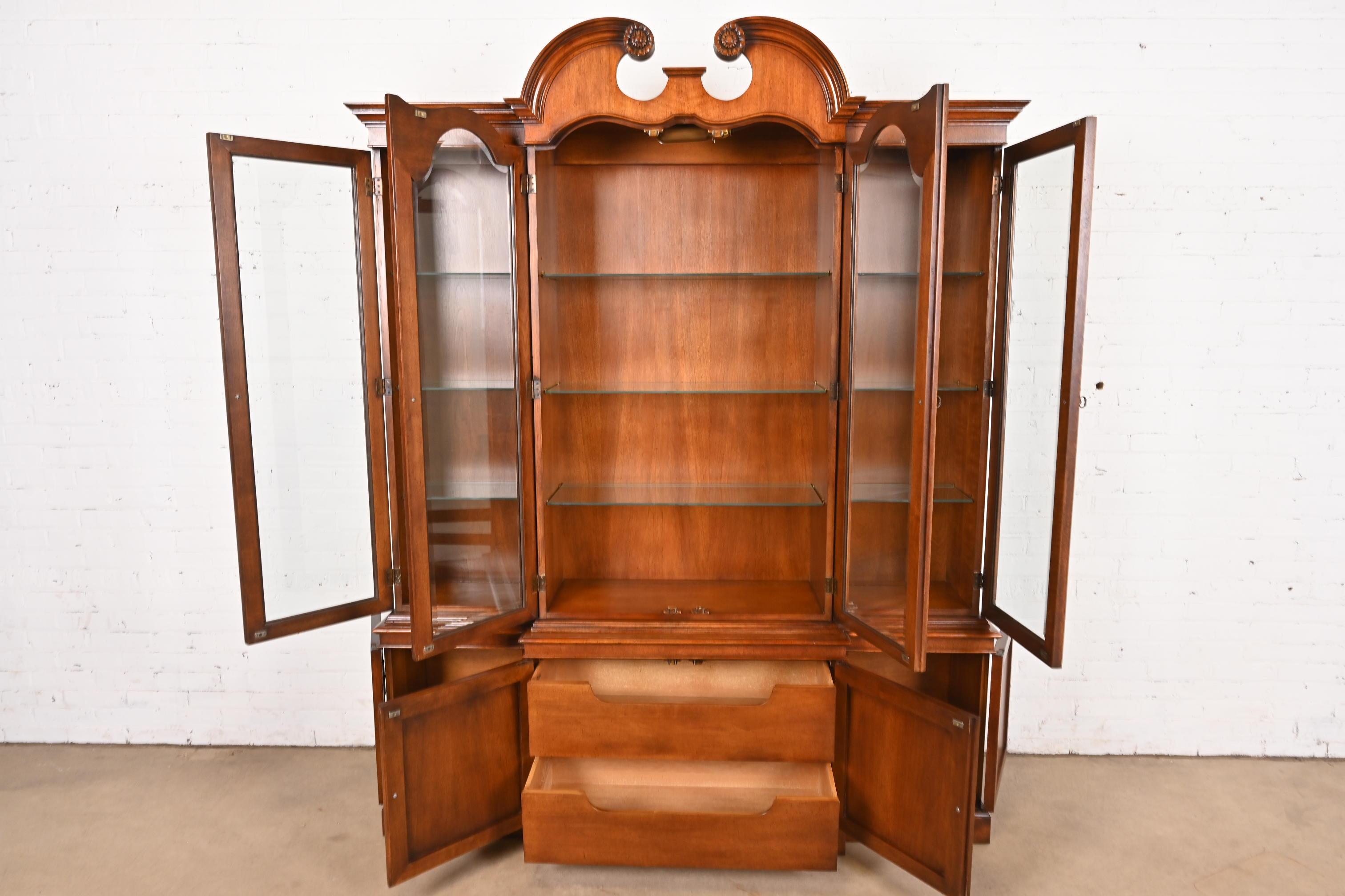 Brass Georgian Mahogany Lighted Breakfront Bookcase Cabinet by Mount Airy Furniture For Sale