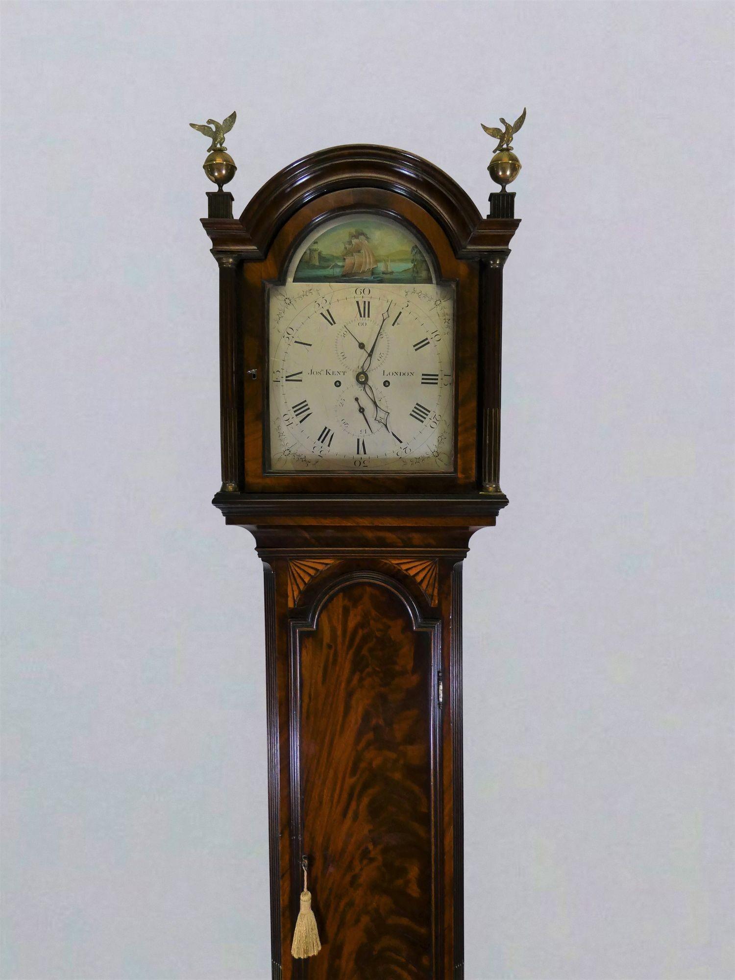 Georgian Mahogany Longcase Clock with Rocking Ship Automation, Jos. Kent, London For Sale 1
