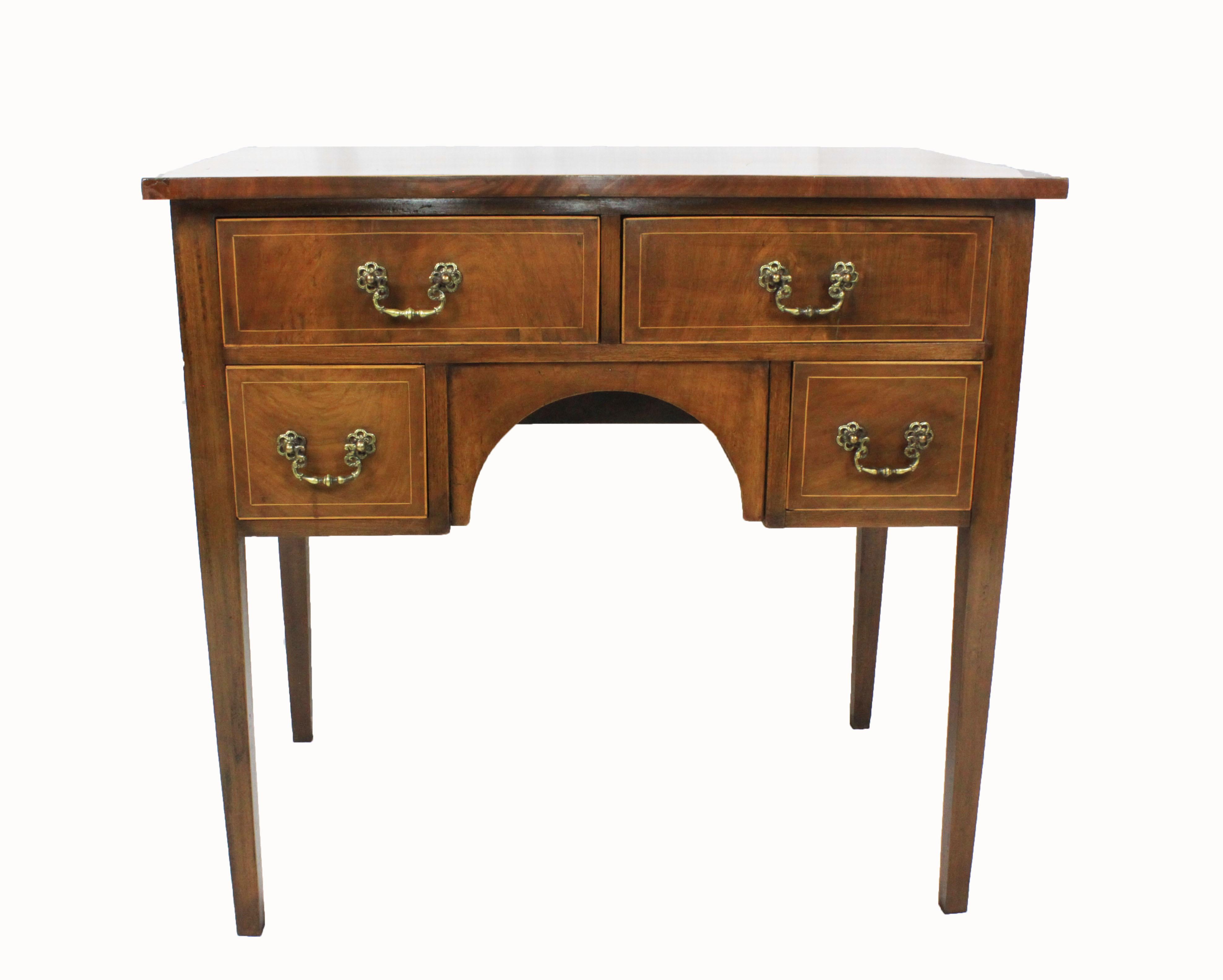 Georgian mahogany lowboy with boxwood string inlay on figured top and drawer fronts. Original swan neck brass. Standing on squared tapered legs.