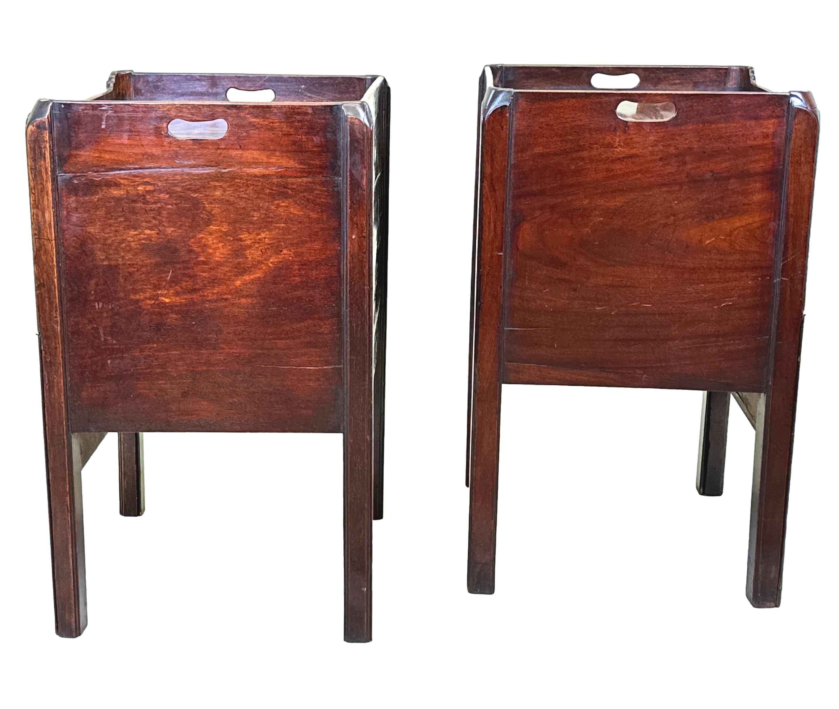 A Good Quality And Attractive Well Matched Pair Of Late 18th Century Mahogany, George III Period, Bedside Night Tables, Or Tray Top Commodes, Having Well Figured Gallery Tops Over Cupboard Doors With Elegant Strung Decoration, Over Converted Pull