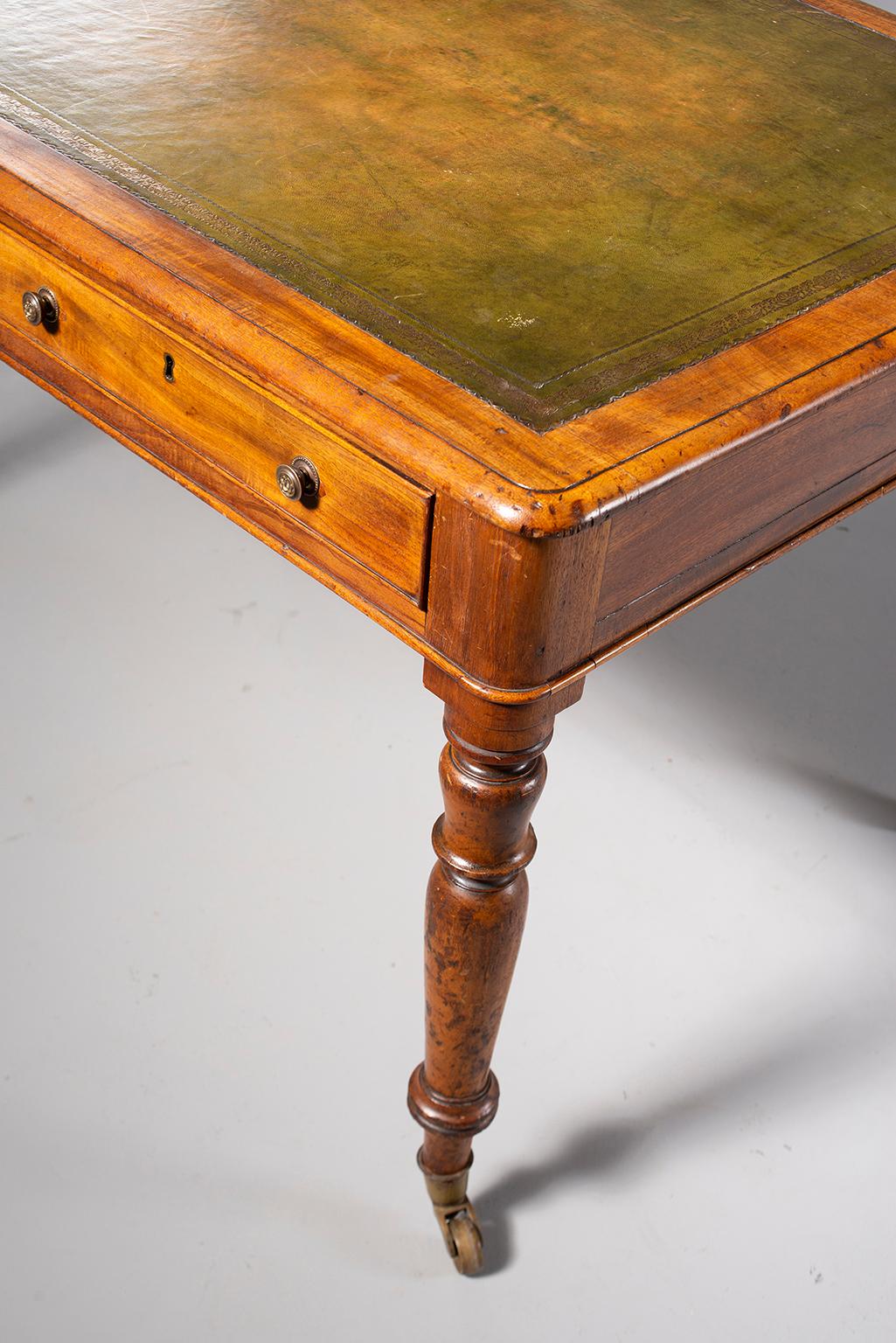 19th Century Georgian Mahogany Partners Desk with Embossed Green Leather Top