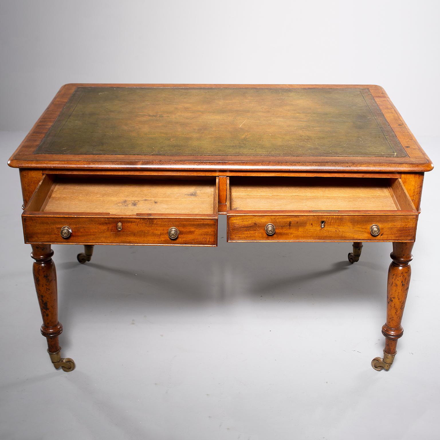 Georgian Mahogany Partners Desk with Embossed Green Leather Top 1