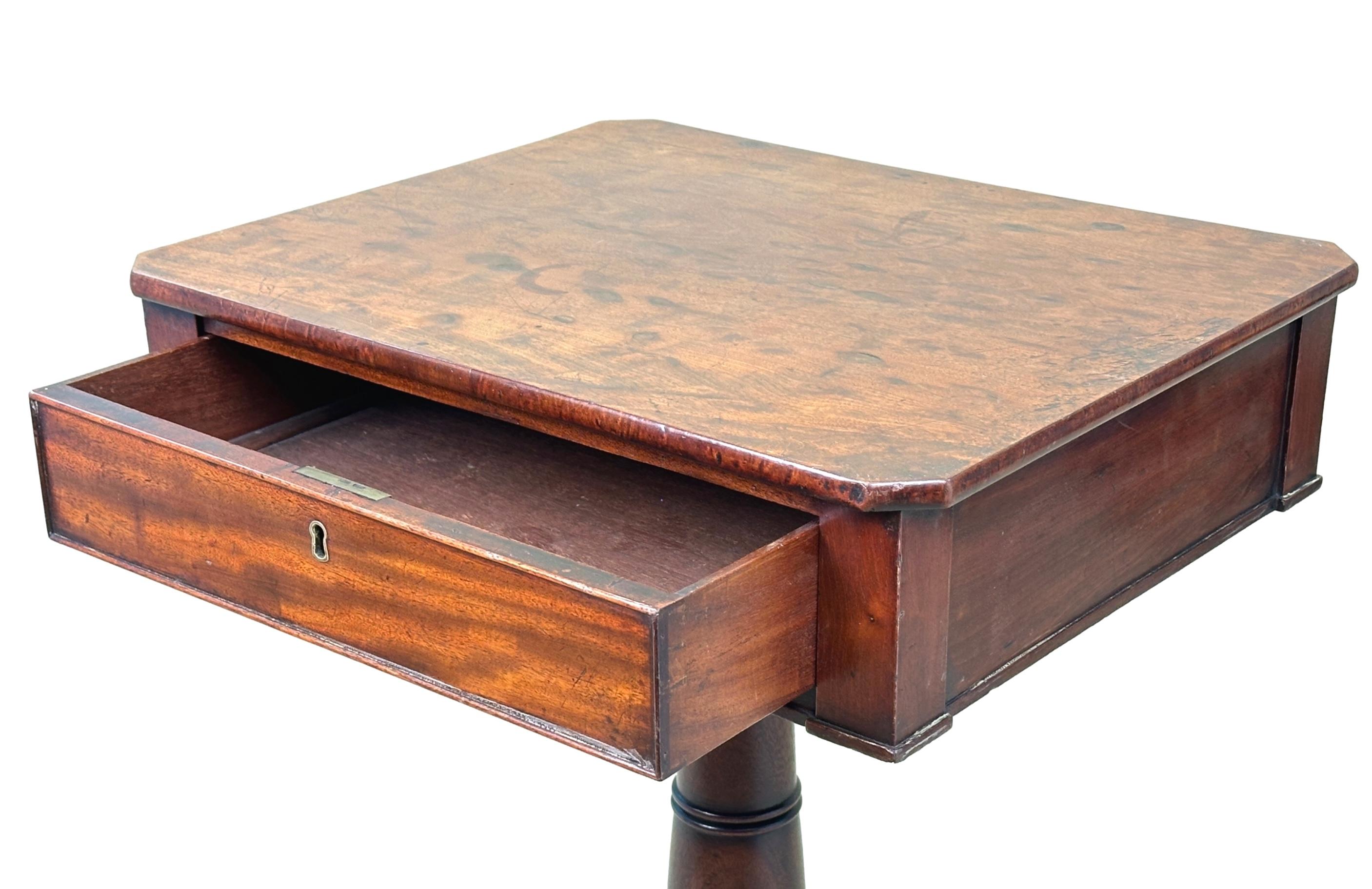 An Excellent Quality Early 19th Century, George III Period, Mahogany Rectangular Occasional Lamp Table, Of Charming Proportion, Having Superbly Figured Top With Angled Corners, Over One Drawer And One False Drawer To Panelled Frieze, Raised On