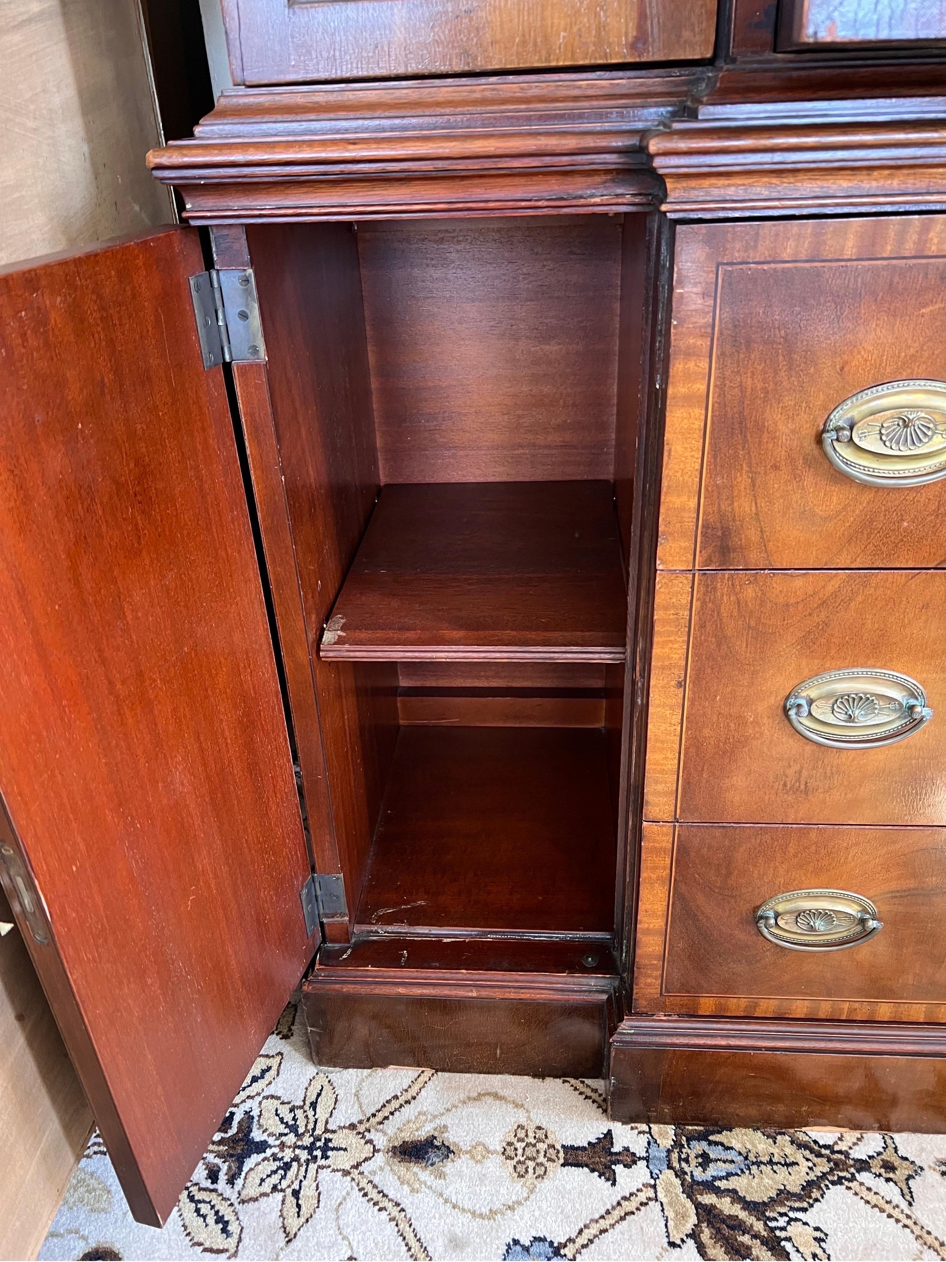 19th Century Georgian Mahogany Secretary Buffet China Cabinet Shell Inlay