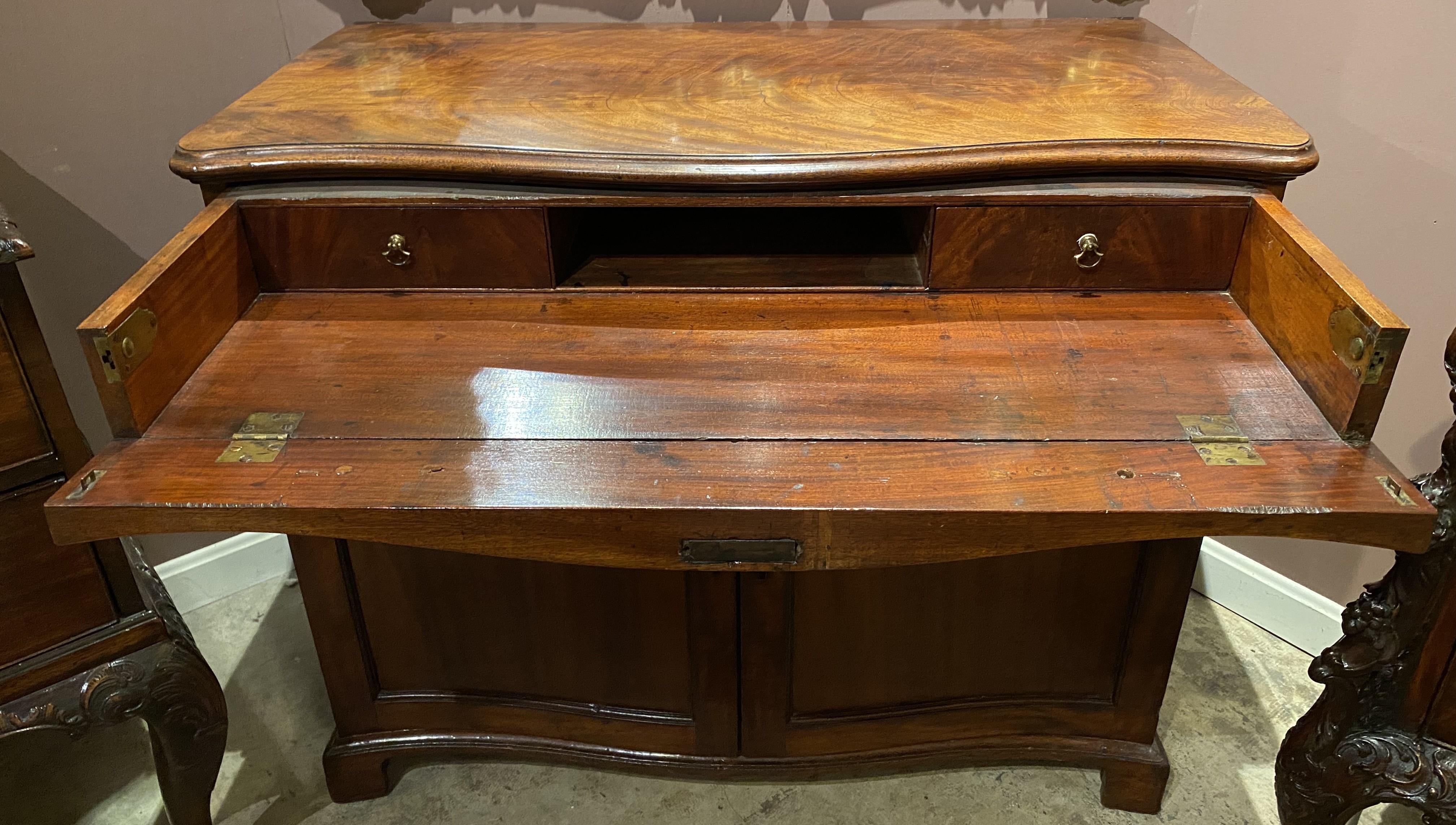 Brass Georgian Mahogany Serpentine Butler’s Desk or Library Cabinet