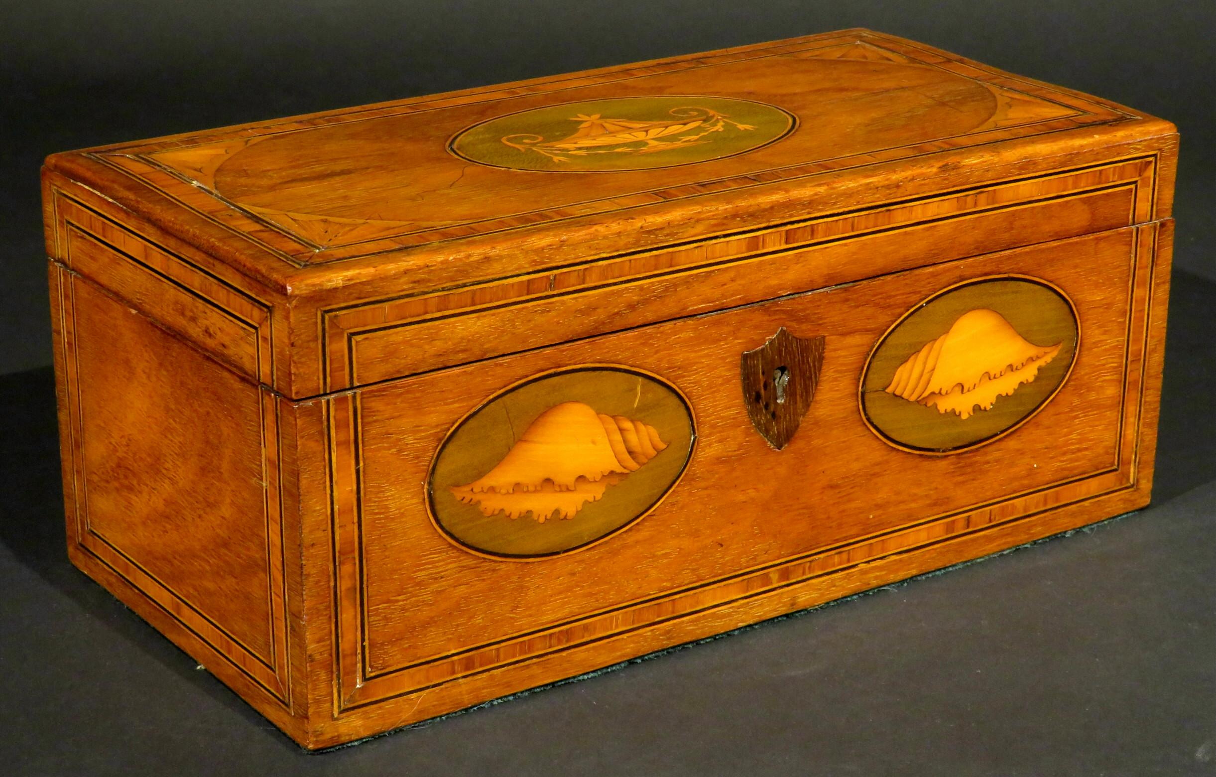 The finely grained mahogany case decorated with kingwood banding and ebony stringing overall, the front showing twin conch shaped paterae flanking a later shield shaped wooden escutcheon. The hinged top inlaid with a fan-shaped satinwood spandrel at
