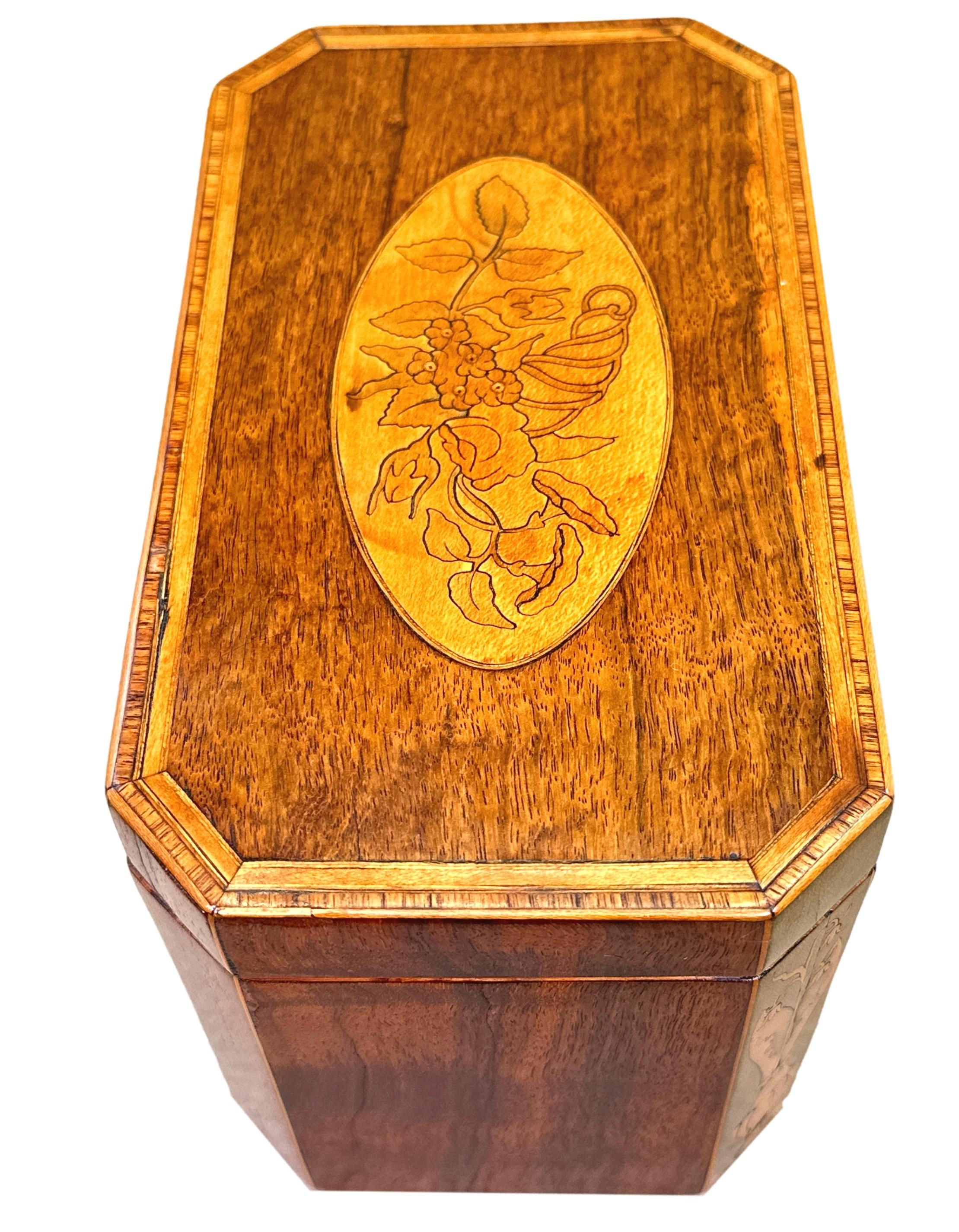 Caja de té georgiana de caoba con incrustaciones florales Inglés en venta