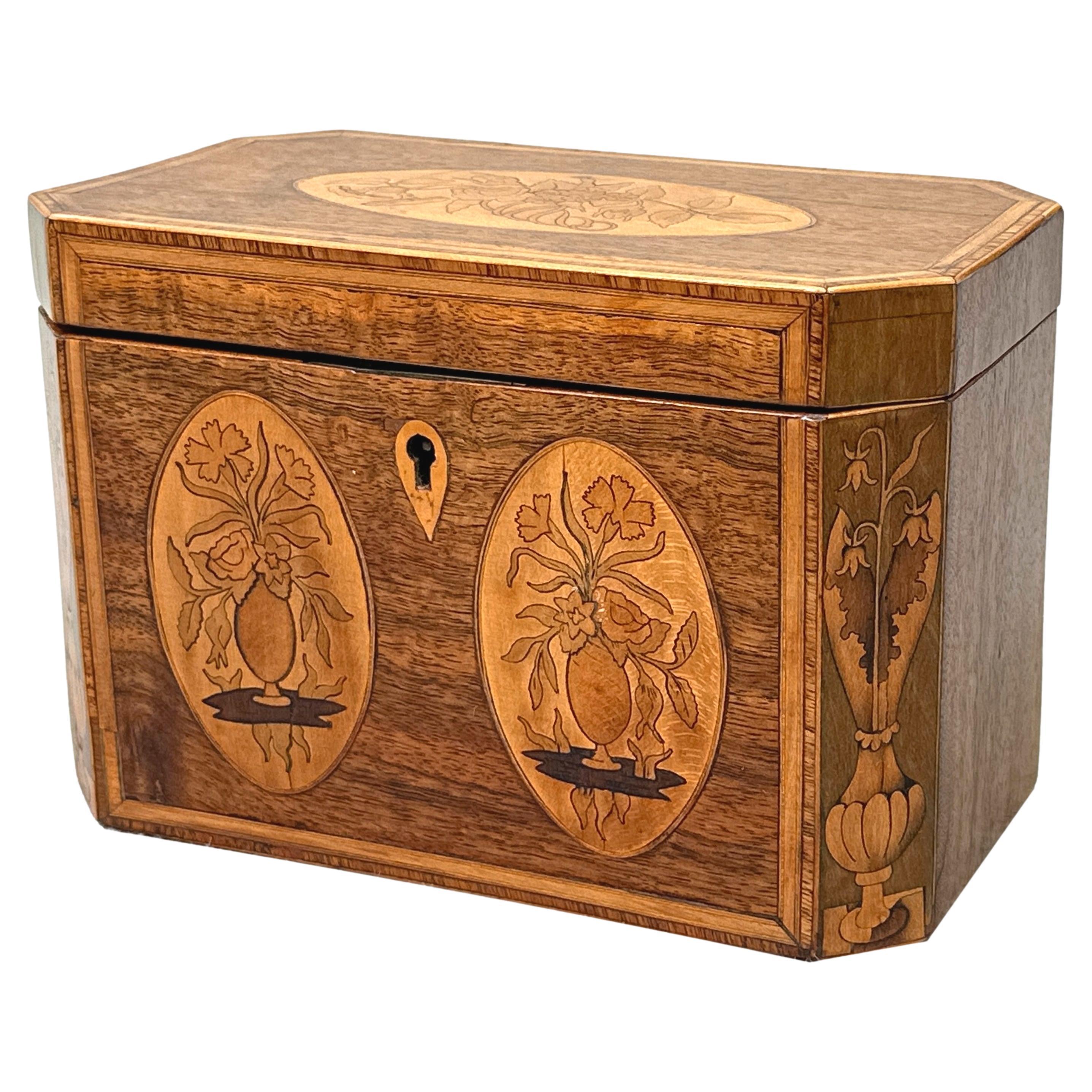 Caja de té georgiana de caoba con incrustaciones florales en venta