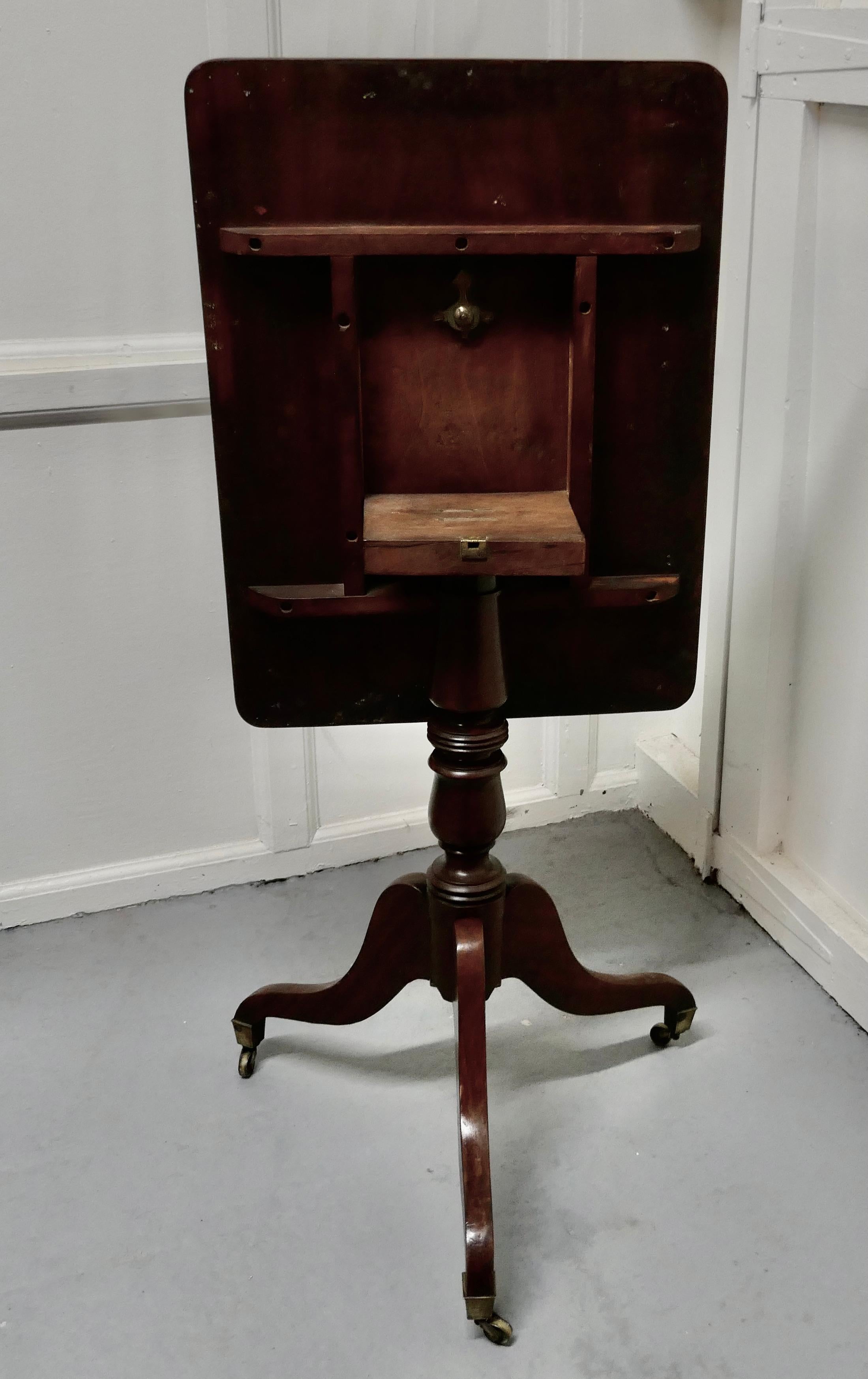 Georgian mahogany tilt-top wine table

This lovely table it stands on a three footed base with brass casters and has a attractive turned centre leg
The 1 piece rectangular mahogany top tilts easily
The table is in good sound used condition, it