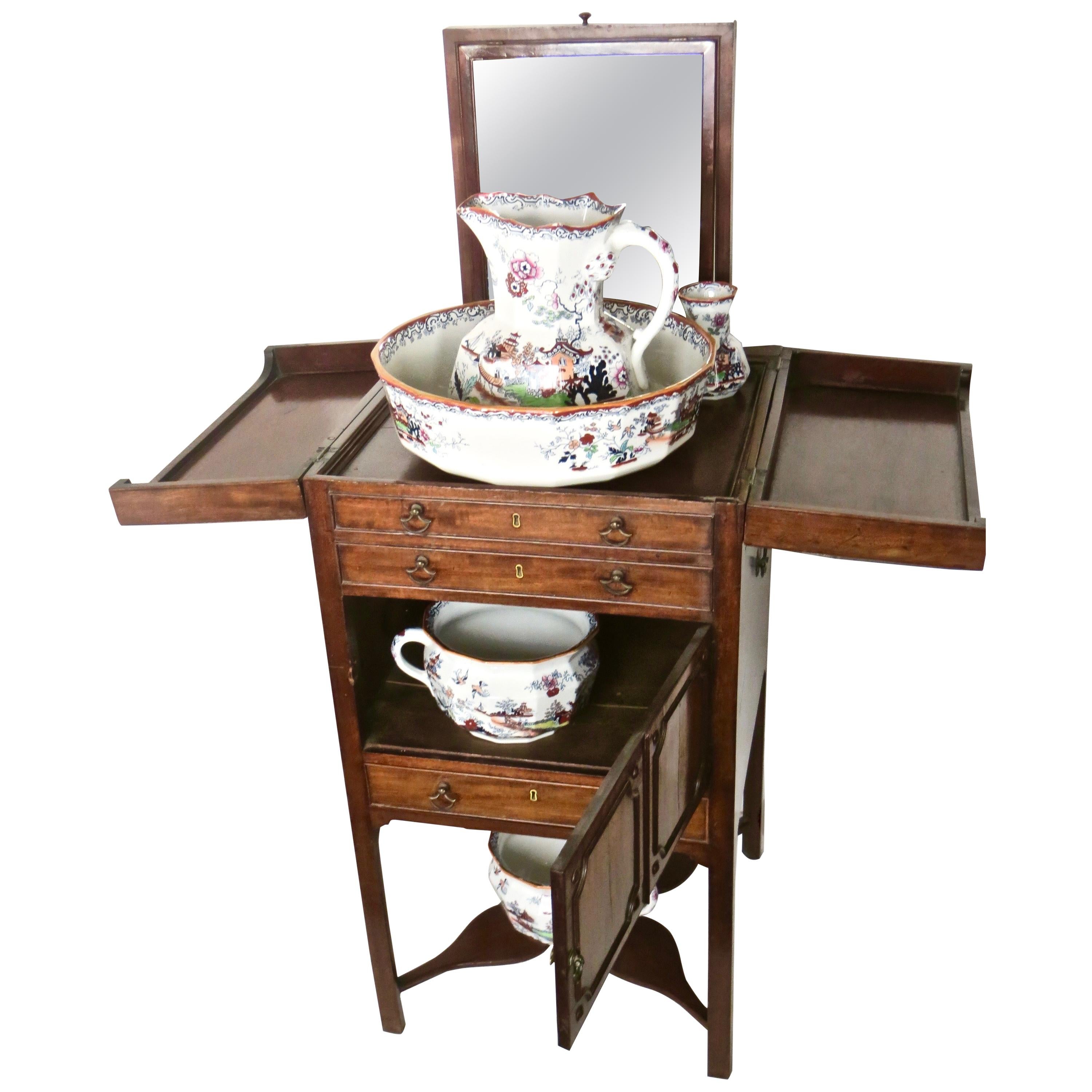 18thC.Georgian Washstand and Six Piece "Mason's Ironstone" Toiletry Set For Sale