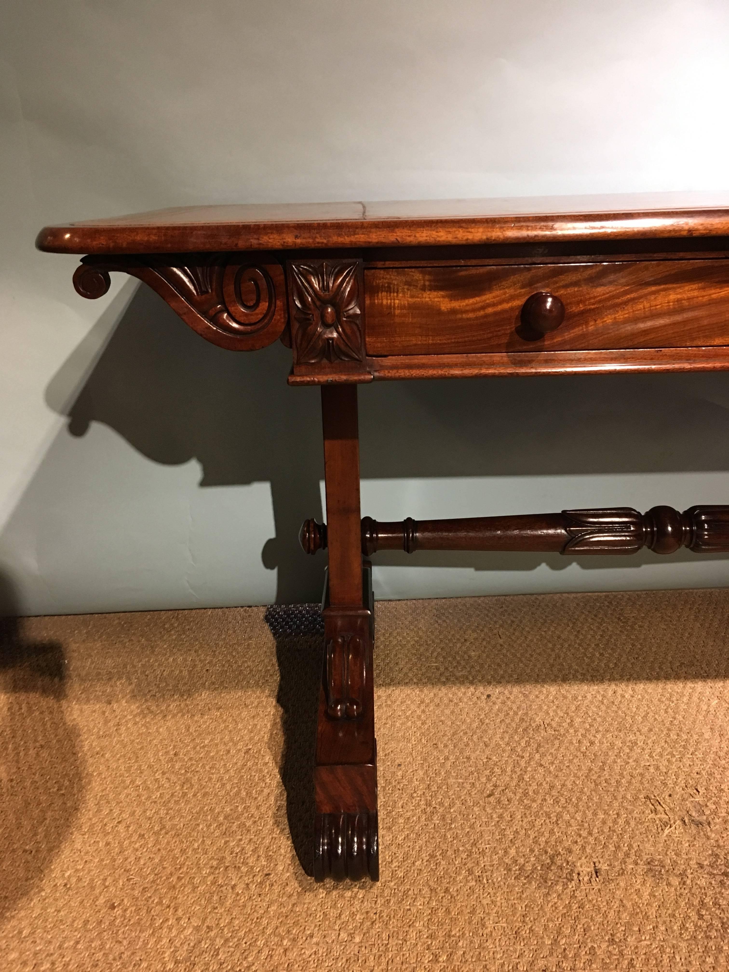 Lovely quality George IV mahogany writing table with large single drawer tan leather insert. This piece can free stand as polished on all sides. 



English dating to circa 1820s this piece has been through our workshops cleaned, cleaned /