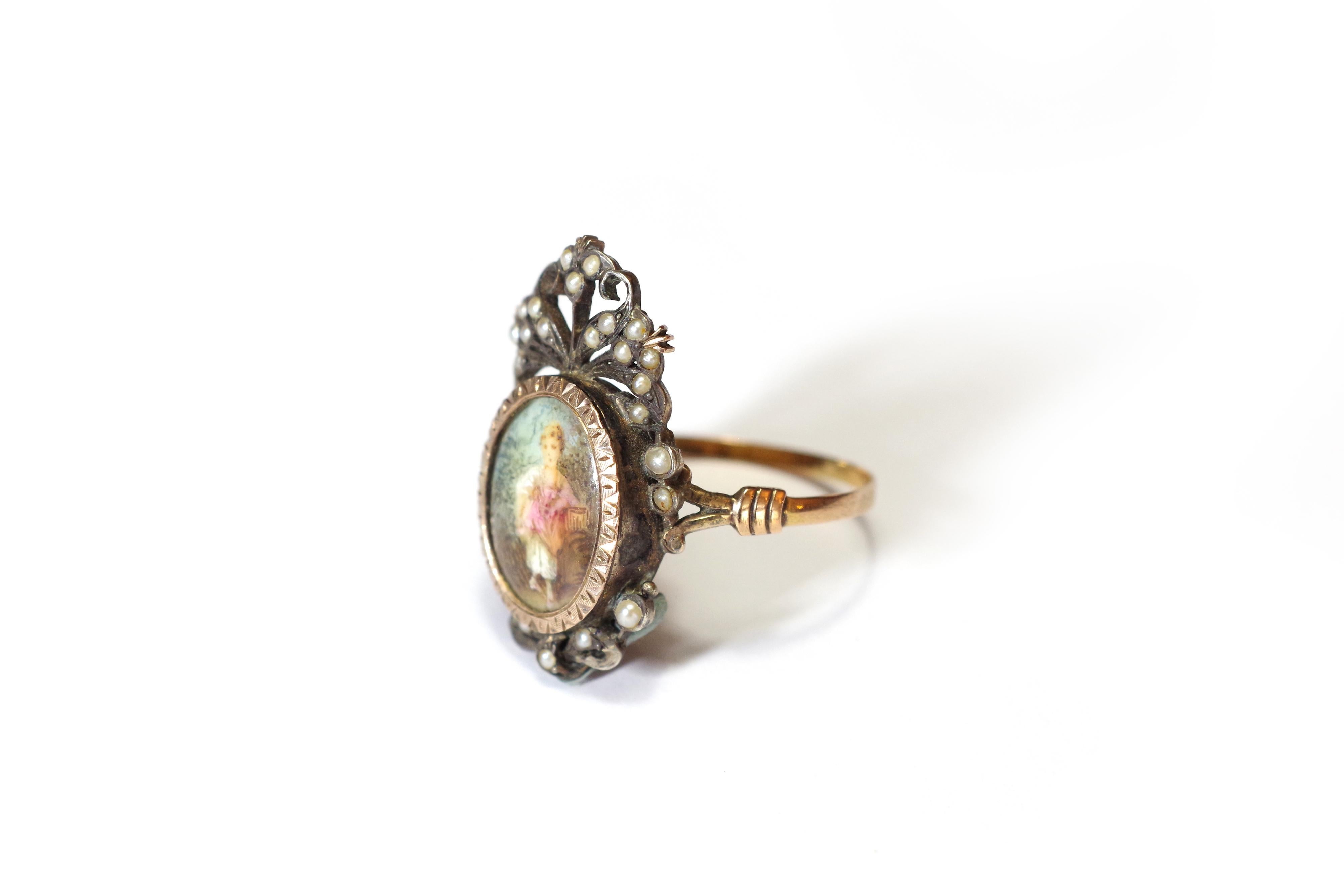 Georgian Maiden Portrait Ring in Gold and Silver, 18th Century Ring In Fair Condition For Sale In PARIS, FR