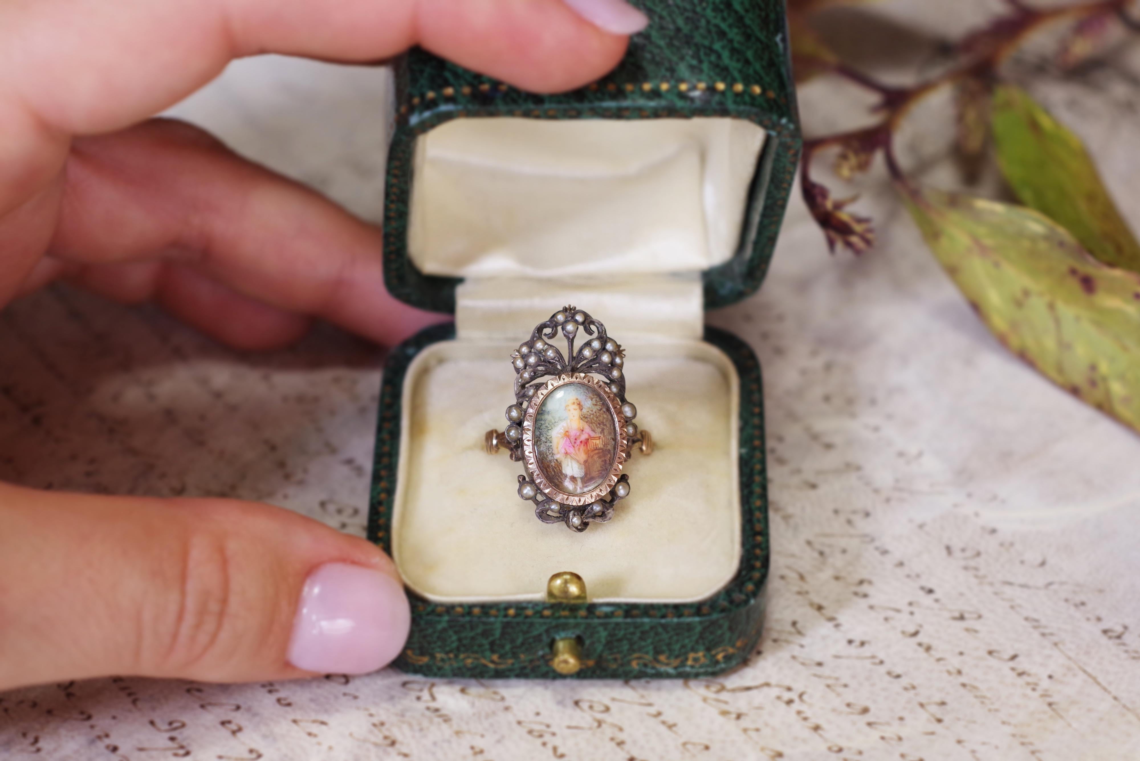 Georgian Maiden Portrait Ring in Gold and Silver, 18th Century Ring For Sale 2