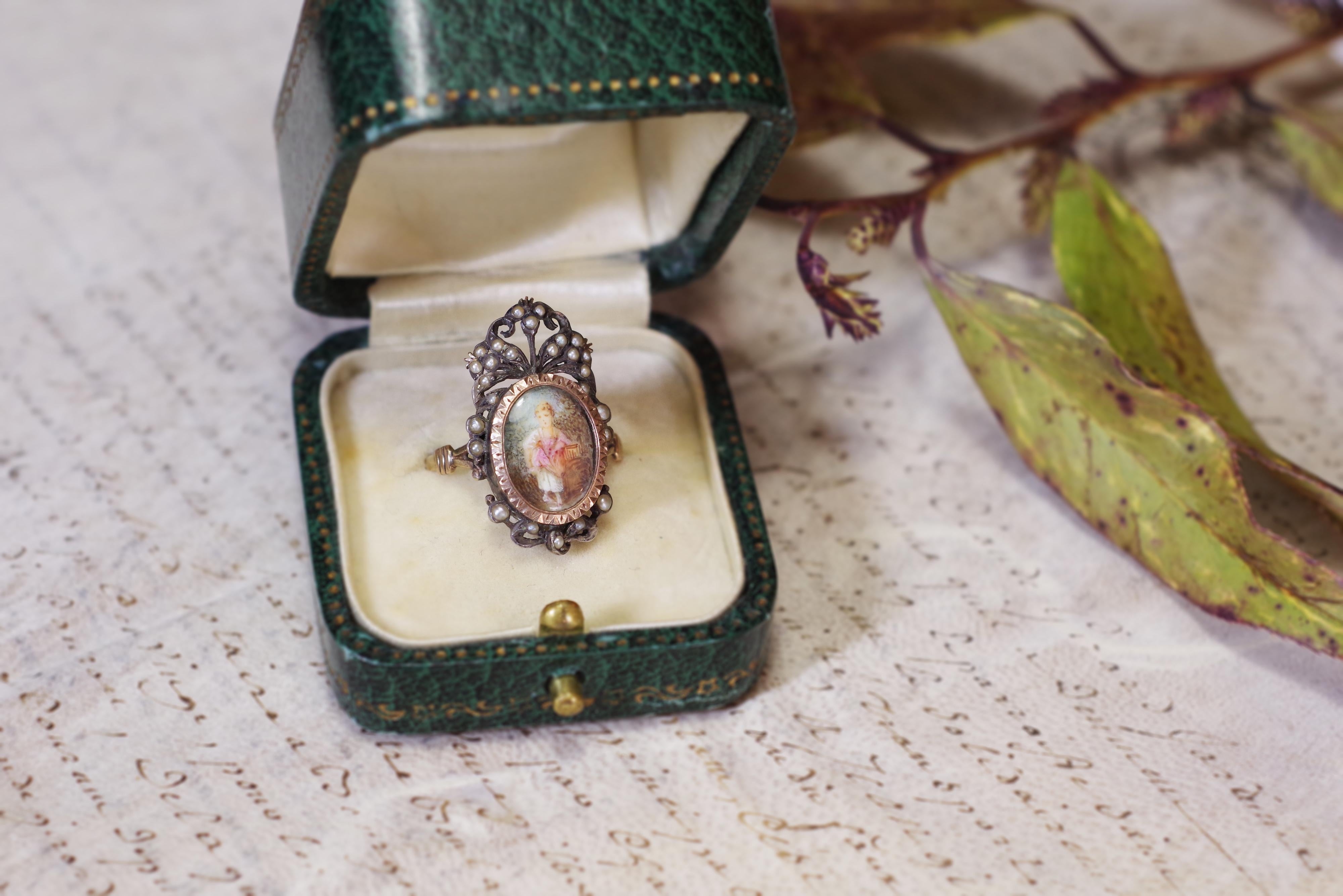 Georgian Maiden Portrait Ring in Gold and Silver, 18th Century Ring For Sale 4