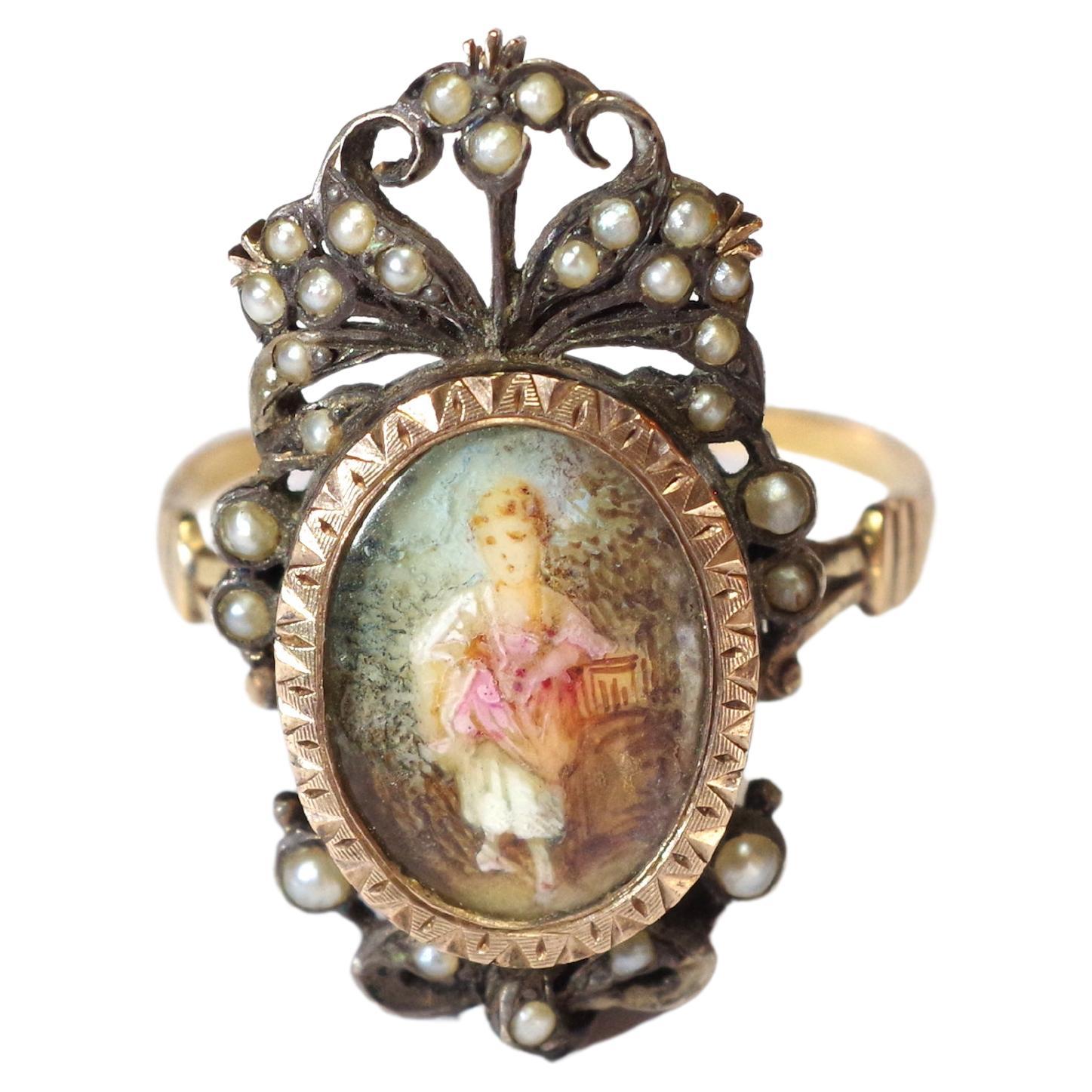 Georgian Maiden Portrait Ring in Gold and Silver, 18th Century Ring