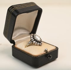 Georgian Marquise Cut Diamond Ring. 0.90ct J SI1 Rose Cut Halo Silver 14k Gold