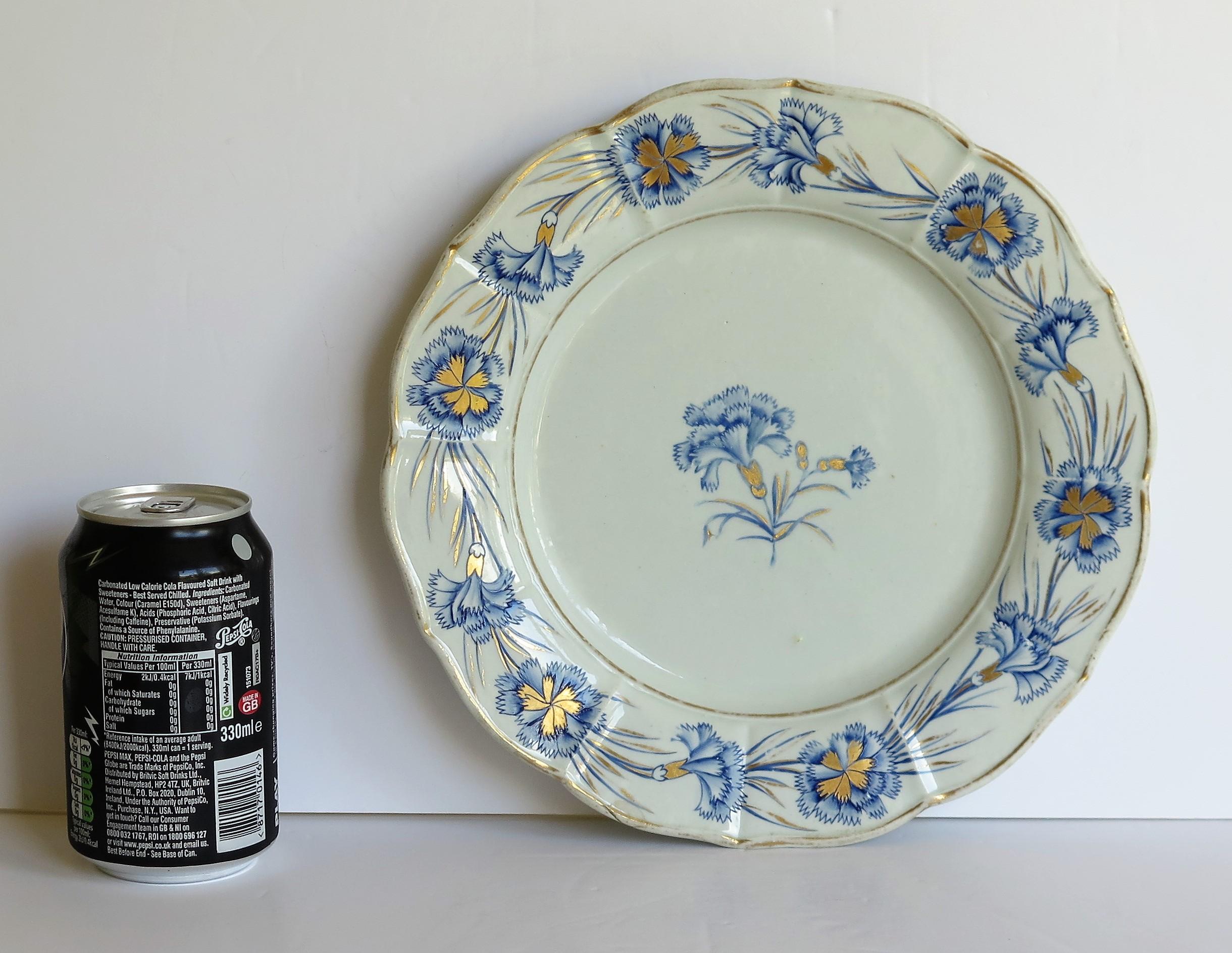 Georgian Mason's Ironstone Dinner Plate Hand Painted Blue Carnation Pattern 8