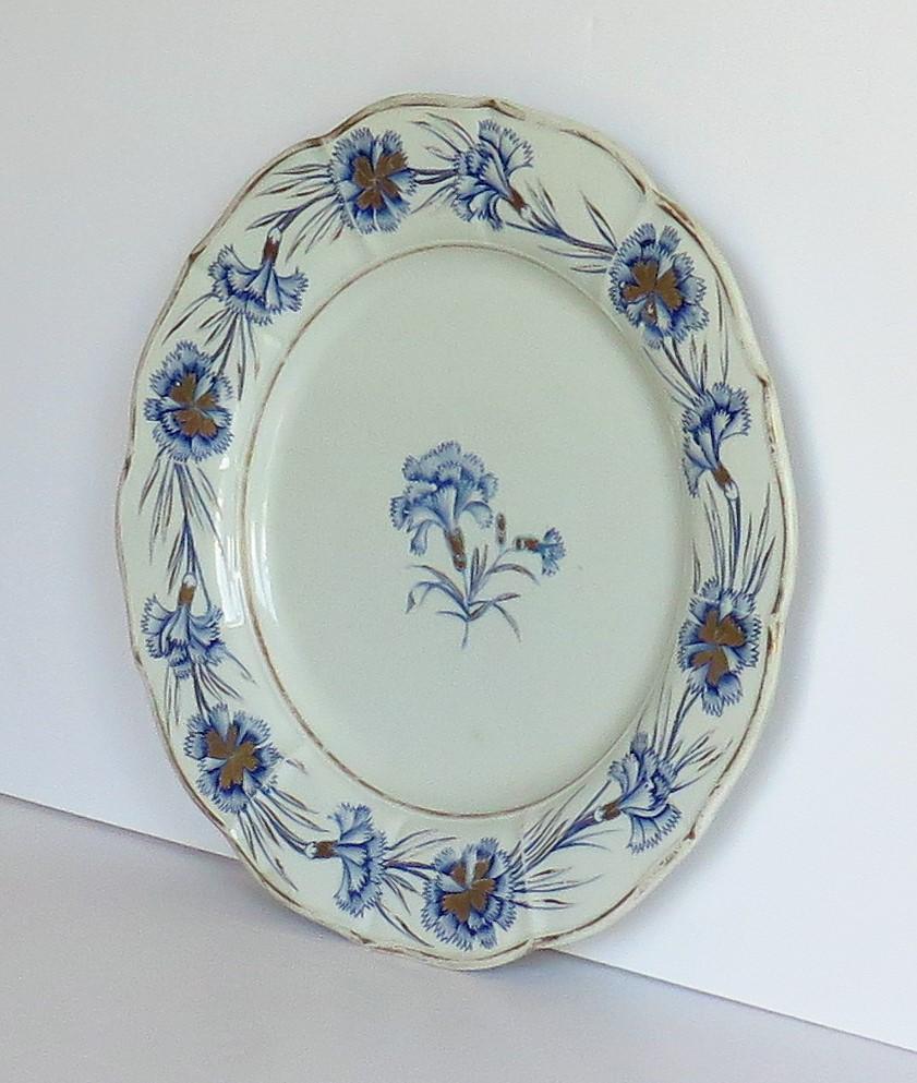 English Georgian Mason's Ironstone Dinner Plate Hand Painted Blue Carnation Pattern